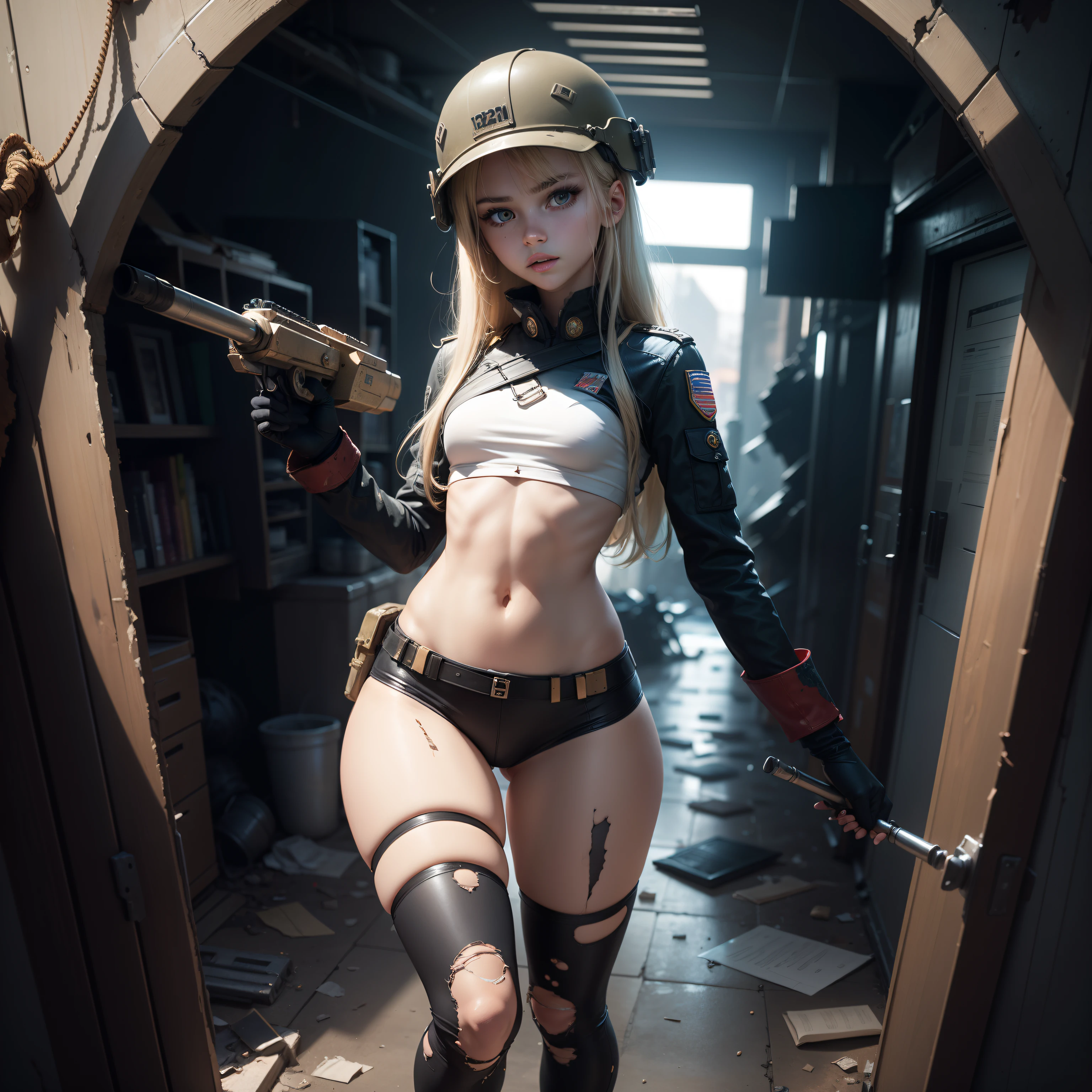 Destroyed towns,ukrainian girl , Ukrainian anime girls , , Ukraine ,  Full body composition of young girl with messy bright blonde hair, eye make up, 13 year old,  Soft lighting, Solo, Old torn dirty shabby futuristic military uniform, badges, Pose, Blotch color, Octane Render, Hyperrealistic intricate detail, Cinematic, 8K resolution, 70mm, Accent Lighting, Global Illumination, Full body portrait, clean detailed faces, intricate clothing, Cute face, flat chest, Slim waist, Slim legs, small hips,Wearing a thick steel combat suit,Combat helmet,Holding the Gatling gun in your hand,