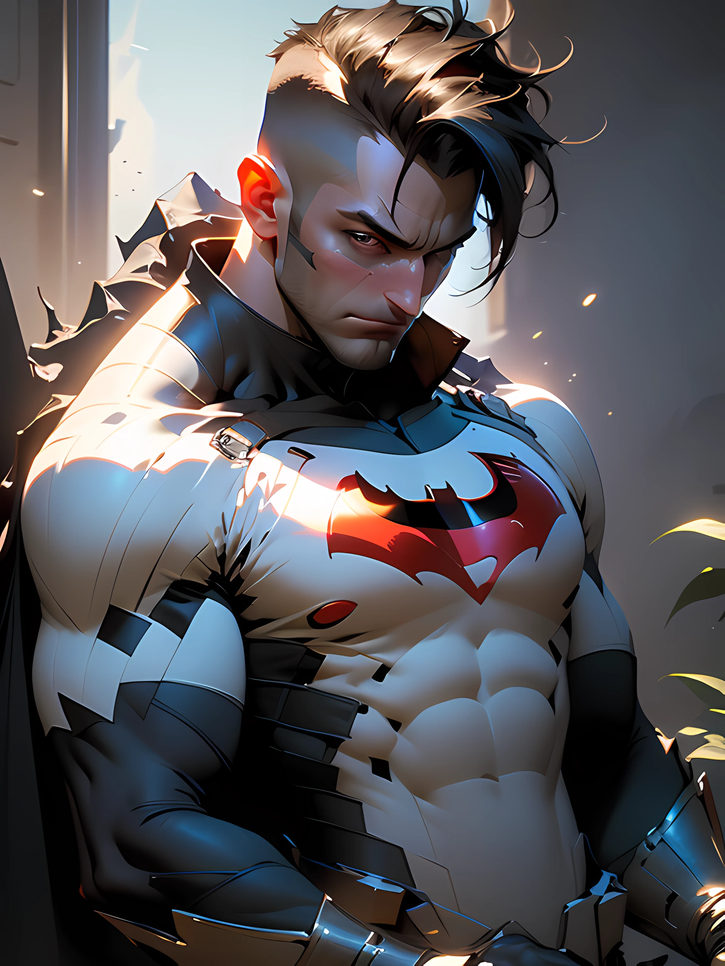 (Best Quality), ((Masterpiece), (Detail: 1.4), 3D, A batman beyond our universe, HDR (High Dynamic Range),extremely muscular man, Clean face under mask of batman, High Contrast, large biceps, well built muscular body, Ray Graphics by Clothing, On A Lunar Station, Ships Can Be Seen Through The Large Window, Satin Apparel, Ray Tracing, NVIDIA RTX, Super-Resolution, Unreal 5, Subsurface Scattering, PBR Textures, Post-Processing, Anisotropic Filtering, Depth of Field, Maximum Sharpness and Sharpening, Multilayer Textures, Albedo and Enhancement Maps, Surface Shading, Accurate simulation of light-material interactions, perfect proportions, Octane Render, Two-color light, large aperture, low ISO, white balance, rule of thirds, 8K RAW,