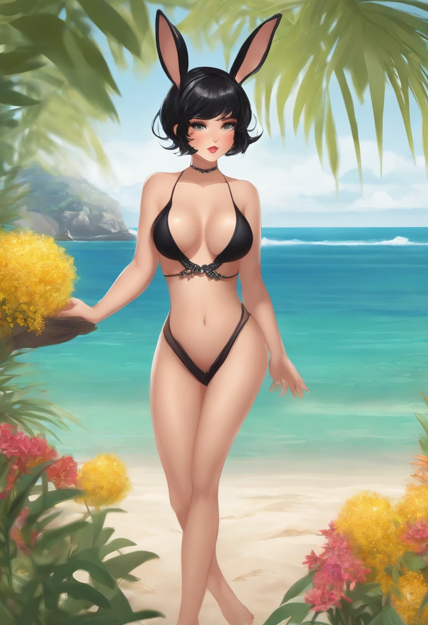 Big breasts,bunny suit,perfect body,standing,short hair,black hair,mimosa earrings,green eyes,beach
