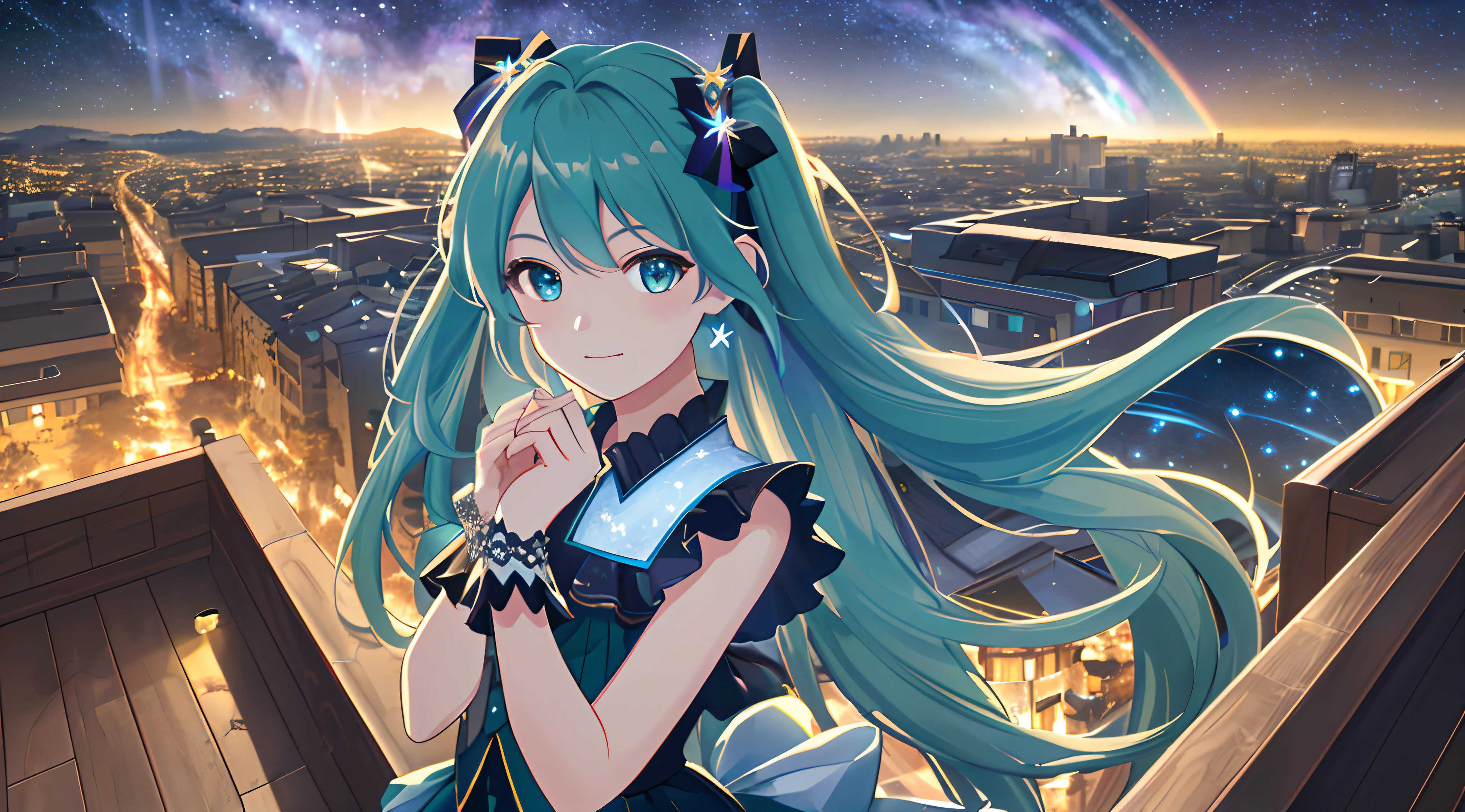 (Best quality,4K,8K,A high resolution,Masterpiece:1.2), Ultra-detailed, Realistic:1.37, hdr, Vivid colors, Studio lighting, Long hair, Girl, Rooftop, Starry Night Sky, meteors, miku hatsune, Hair flicking, Wind, Rainbow meteor shower