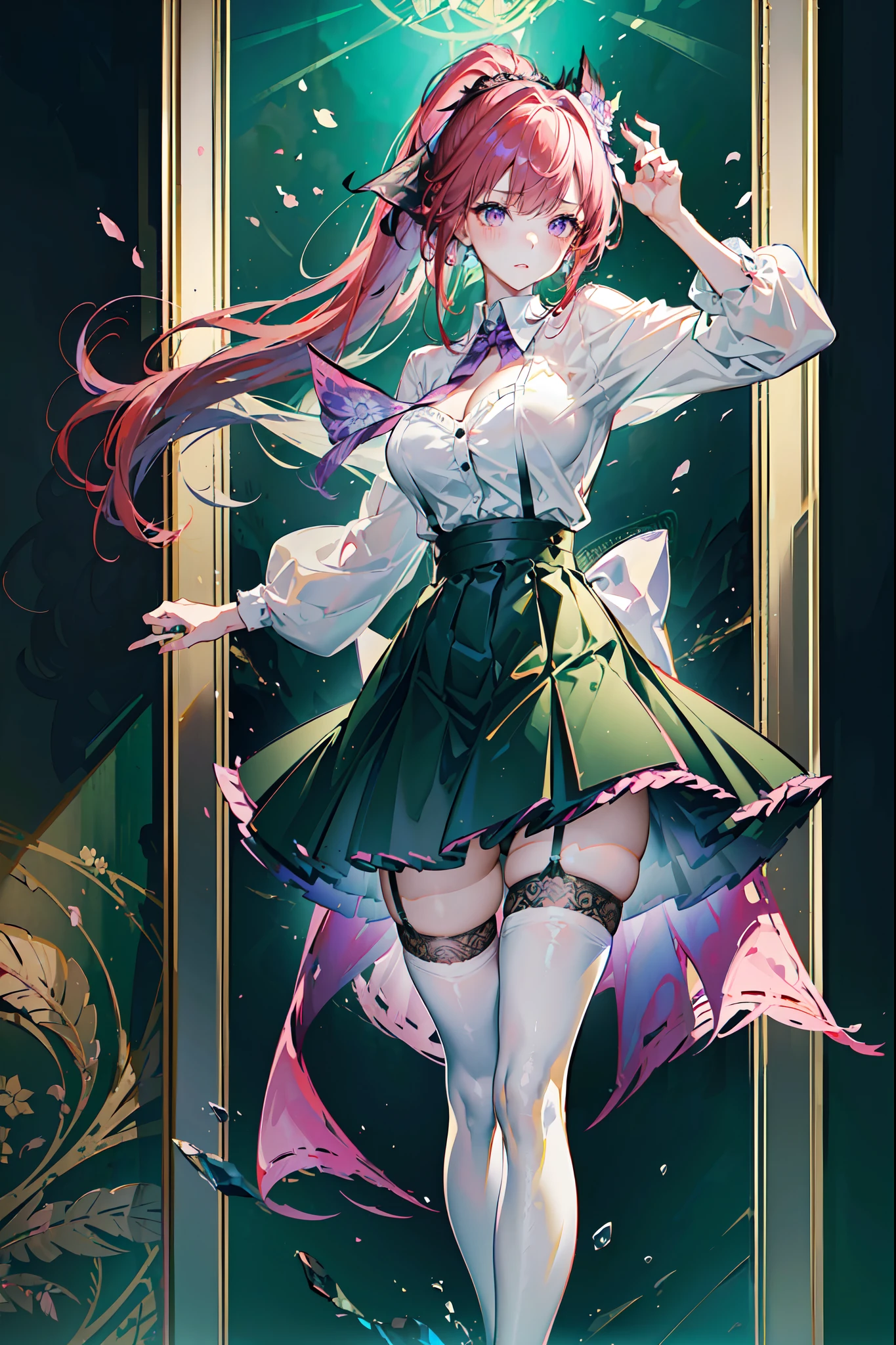 (Masterpiece, Best quality, High quality:1.4), Professional artwork, Intricate details, Field of View, Sharp focus, Detailed painting, Masterpiece, Cinematic lighting, trending on pixiv, (Vivid lighting, Vibrant colors, author:Nagasawa rose:1.05),
Hiroko Takashiro, (Mature female, A MILF:1.1), Solo, (Curvy:1.1), standing, (Full body shot:1.1),
(Red hair:1.05), Long hair, High ponytail, lipstick, Makeup, Ultra Detail Hair, Ultra Detail Face, (Purple eyes:1.05), Perfect eyes, Perfect face, (Confused, Blush:1.2),
shirt, (black thighhigns, a garter belt:1.1), zettai ryouiki, Pleated skirt, Green skirt, White shirt, high-heels,
(Large breasts:1.1), cleavage, Big ass, Thighs,