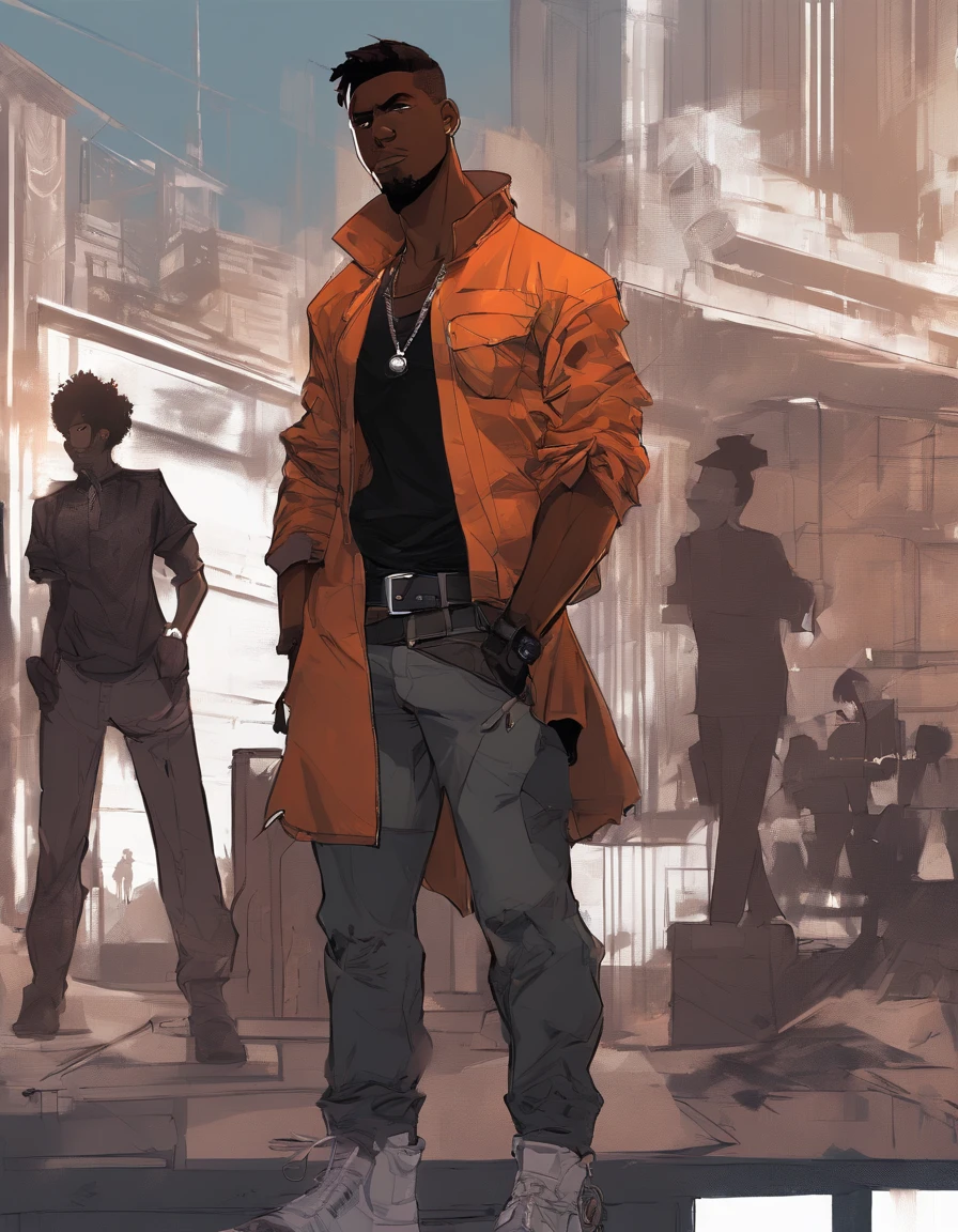 (((black:1.5, brown:1.1, white:1.3))) Semirealistic style, masterpiece, best quality, black skinned adult male, late 20s, A black teenager, character, very tall, muscular, with short hair, brown eyes, solo, this man has a burn mark in the left side of his face. He is wearing a white tank top and dark orange unzipped jacket, his leg wear consists of blue jeans, and a silver necklace. 8k, artstation, sharp focus, high details, standing on a city street, official artwork, official art, album art, full body close up