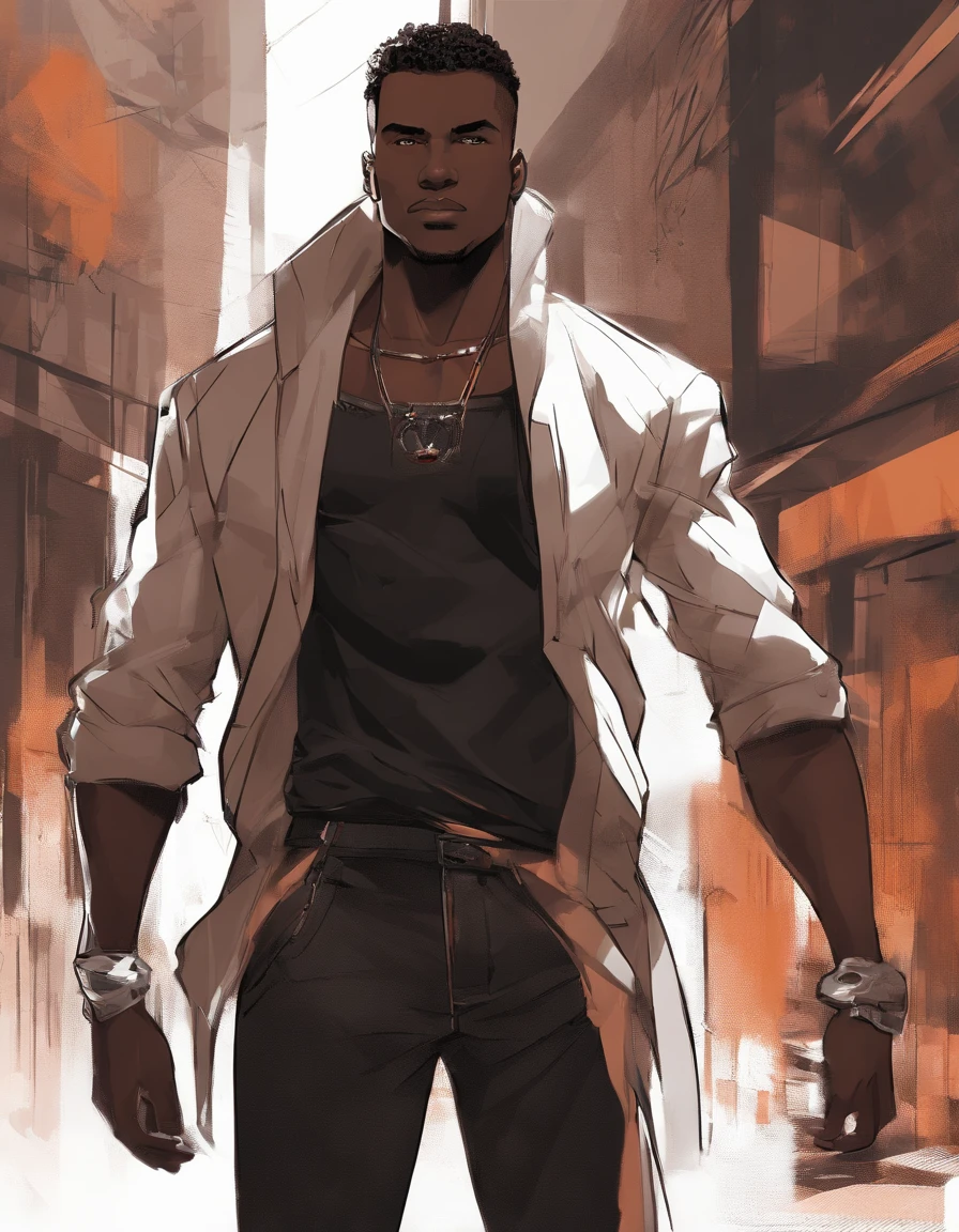 (((black:1.5, brown:1.1, white:1.3))) Semirealistic style, masterpiece, best quality, black skinned adult male, late 20s, A black teenager, character, very tall, muscular, with short hair, brown eyes, solo, this man has a burn mark in the left side of his face. He is wearing a white tank top and dark orange unzipped jacket, his leg wear consists of blue jeans, and a silver necklace. 8k, artstation, sharp focus, high details, standing on a city street, official artwork, official art, album art, full body close up