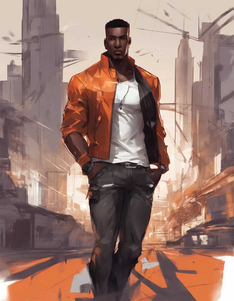 (((black:1.5, brown:1.1, white:1.3))) Semirealistic style, masterpiece, best quality, black skinned adult male, late 20s, A black teenager, character, very tall, muscular, with short hair, brown eyes, solo, this man has a burn mark in the left side of his face. He is wearing a white tank top and dark orange unzipped jacket, his leg wear consists of blue jeans, and a silver necklace. 8k, artstation, sharp focus, high details, standing on a city street, official artwork, official art, album art, full body close up
