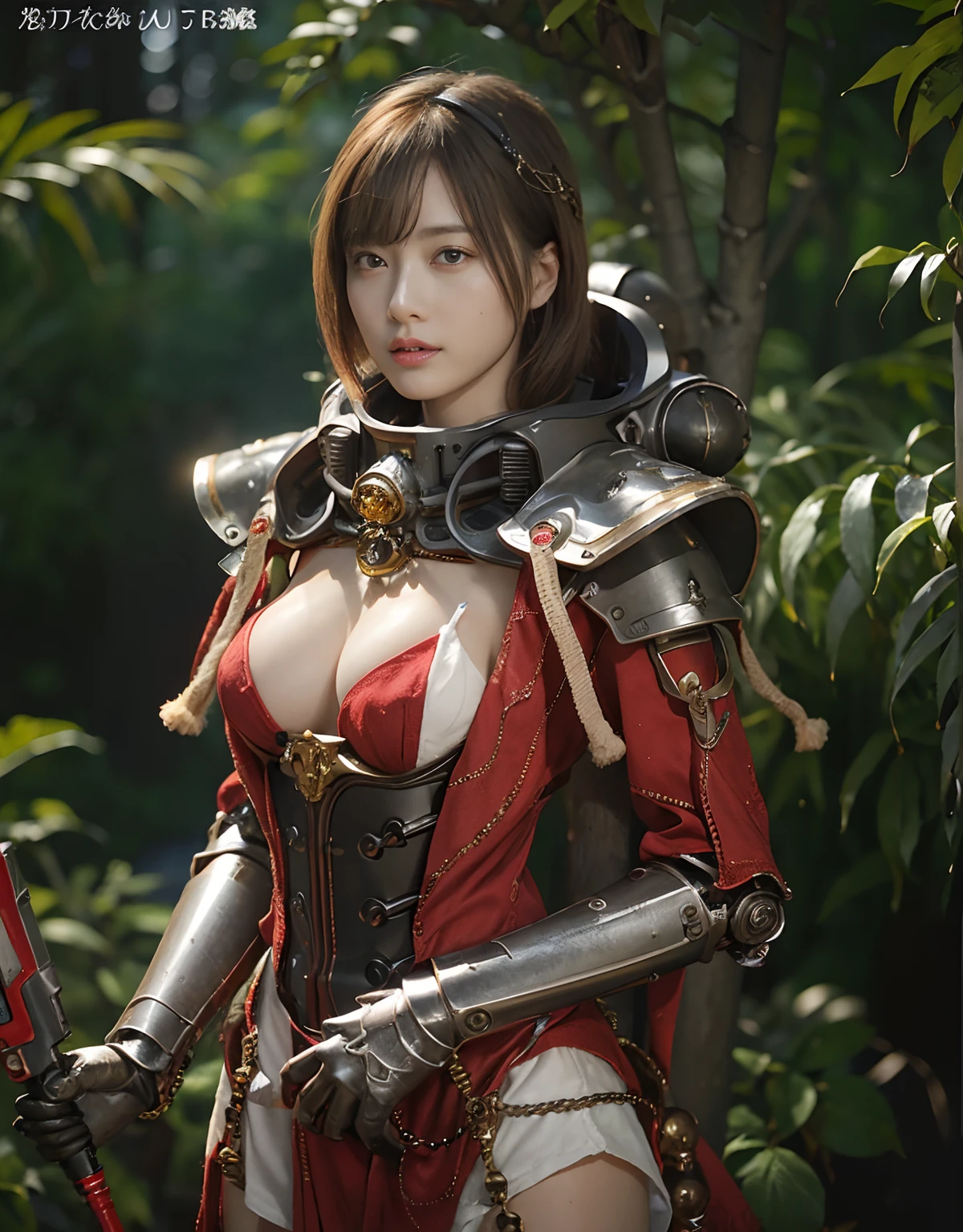 (1 Mechanical Girl)、top-quality、masterpiece、超A high resolution、(Photorealsitic:1.4)、Raw photo、女の子1人、Golden hair、glowy skin、(((1 Mechanical Girl)))、With a beautiful knife、(Please wear a mechanical helmet)、(beautiful forest background)、Precipitous cliffs、(Small LED)、((super realistic details))、portlate、globalillumination、Shadow、octan render、8K、ultrasharp、Colossal tits、Raw skin is exposed in cleavage、metals、Details of complex ornaments、Japan details、highly intricate detail、Realistic light、CGSoation Trends、Red Eyes、radiant eyes、Facing the camera、neon details、(Mechanical limbs)、(blood vessels connected to tubes)、Mechanical vertebrae attached to the back、mechanical cervical attaching to neck、(Wires and cables connecting to the head)、Gundam、Small LED、,Mechanical thighs、Toostock、