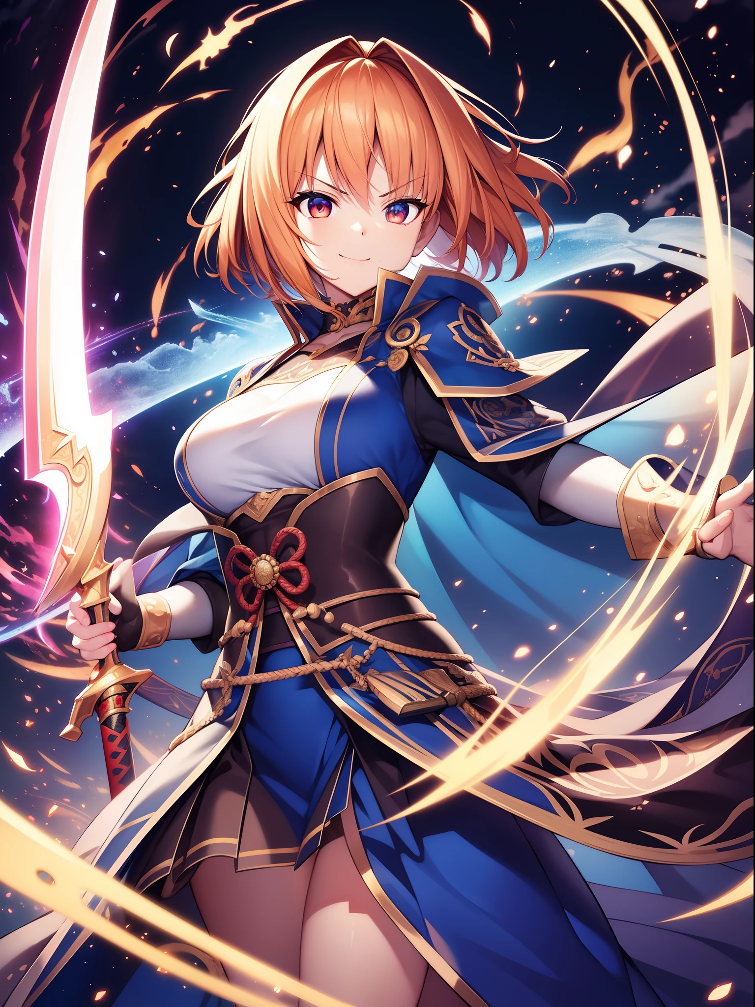 Imaginary,Face Focus, sanpaku, angry, Smile,smiling mischievously, A look that came up with a bad thing,Cat's ears,Her hair is orange、Short hairstyle, ,Her skin is pale, Swirling rainbows and lights on complex background、It enveloped me like a serpent in an interstellar wind,holding samurai sword,dual-wielding,Unleash the Blade of Light,Breasts are a great cutting board,She smiles mischievously, She has a gun in the middle, Highest Quality, Carry a blue cloak with war maiden decorations,Raise the railgun, ((sanpaku))((Proud)), 8 Blue Light Sword,Blade of Light,Lens Flare, Big rainbow,The moon shines,Star chips, bloom, ((light glow)), chromatic abberation], Digital Painting, Insane details, Intricate details, Beautifully color graded, Unreal Engine, Cinematic , colour grading, Editorial Photography , Photography, Photo Shot, Shot on 70mm lens, depth of fields, degrees of freedom, Tilt Blur, Shutter Speed 1/1000, h/22