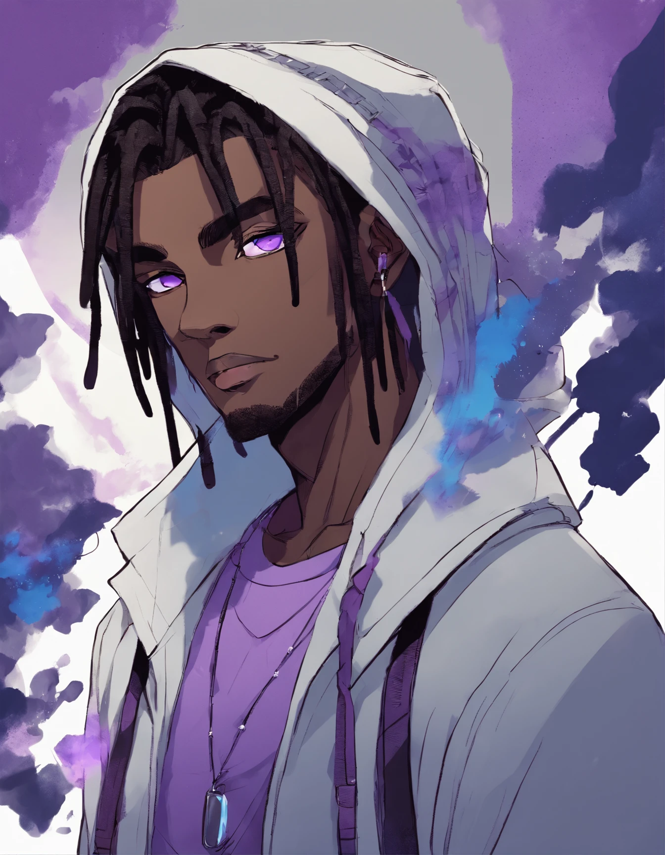 a drawing of an dark skin person with a black dreadlocks and a white shirt, wearing yin yang styled hoodie, halfbody portrait, tyler jacobson style, anime character, cel shaded:15, young anime man, androgynous appearance, shaggy dreadlocks, Smiling, hetrochromia(((blue eyes with purple irises,))),androgynous face, silver earrings, handsome face, blue eyes, light purple irises