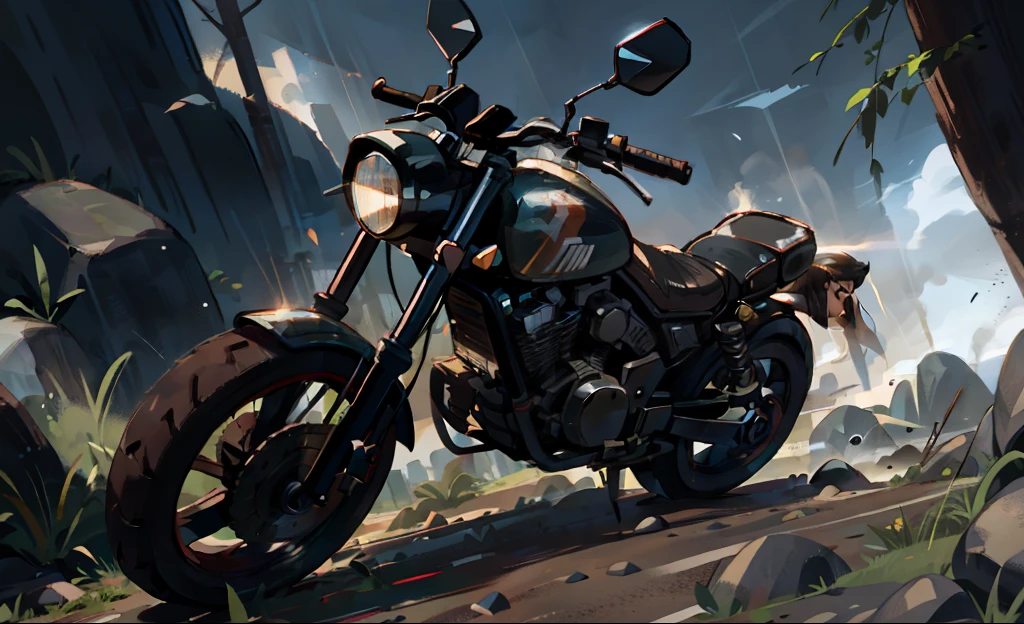 (best quality,ultra-detailed,realistic),black motorcycle in stony ground,dusty road,natural sunlight,gritty texture,grungy atmosphere,heavy metal,muscular rider,leather jacket,motorcycle helmet,exhaust smoke,trail of dust,rocks and pebbles,faint tire tracks,wilderness scenery,single rider,scenic viewpoint,adventure,loneliness,solitude,steep cliffs,breathtaking landscape,dramatic sky,contrast,sharp shadows,dynamic composition,action-packed,high-speed,energy,excitement.