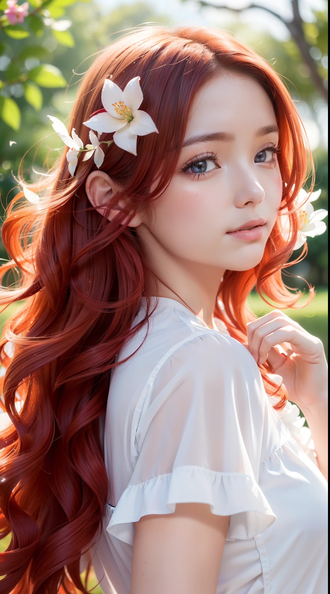 (Best quality,high resolution,Ultra-detailed:1.2),Beautiful white to red gradient wavy curls fluttering in the breeze, Vibrant flowers in the background of the park, Close-up shot,
