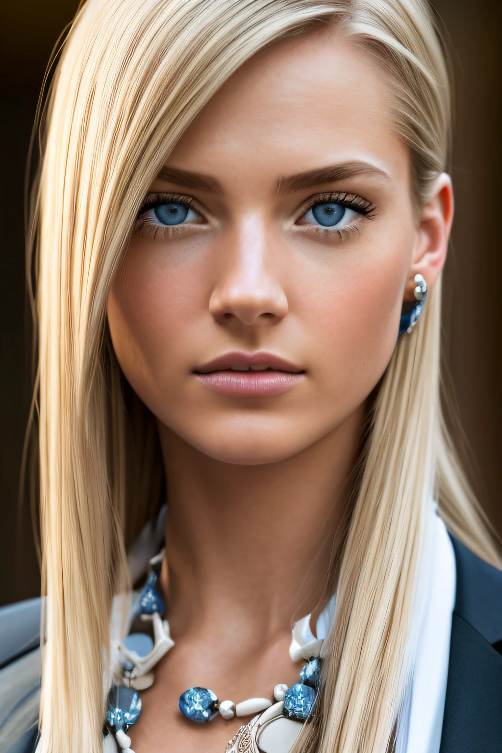 Slender, young, short blonde hair, blue eyes, in town, natural skin texture, 24mm, 4K textures, soft cinematic light, RAW photography, photorealistic, photorealistic, complex, elegant, highly detailed, sharp focus, (((cinematic look))), calm Tone, Insane Detail, Complex Detail, Ultra Detail, High Contrast, Soft Cinematic Light, Dim Colors, Exposure Blending, HDR, Faded, Cold, Waist Thin, Well-Proportioned, (8k, 4k, Top Quality, Hi-Res: 1.1), (Realistic, Photorealistic: 1.1), Girl 1 People, Solo, Twin Tails, Blonde Hair, Bangs, Long Hair, Necklace, Earrings, Lips, Eye Shadow, Jewelry, (Viewer Looking For: 1.8), Spaghetti Straps, Detail, High Contrast, from_side, srfc, stunning complex full color, wearing business clothes, spectacular character composition, by Ilya Kubushinov, Alessio Albi, Nina Masic, sharp focus, natural light, sub-surface scatter, f2, 35mm, film grain, office room, desk