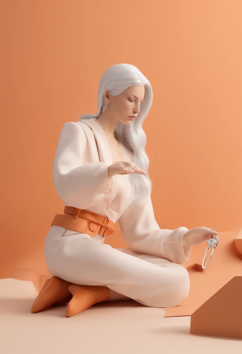 People with scissors in their hands,Highlight scissors,Scissors to enlarge,Soft and smooth lighting,muted pastel colors,3d icon clay render,120mm lens,3d blender render,Polygon trend,modular constructivism,Orange background,physically-based renderingt,at centre
