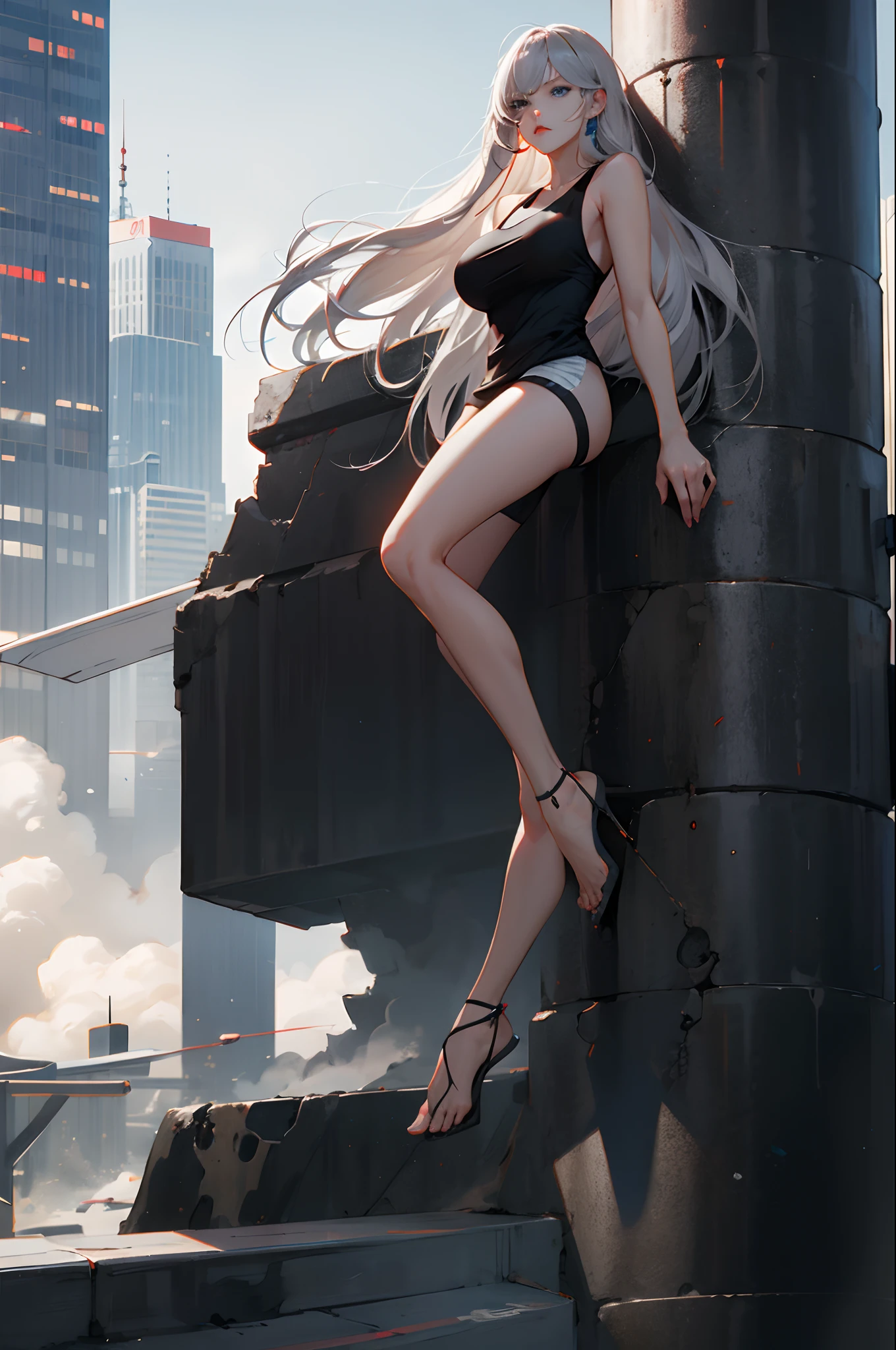 1girl, long grey hair, serious face, blue eyes, big breast, black tanktop, city background, anime, full body, assasin