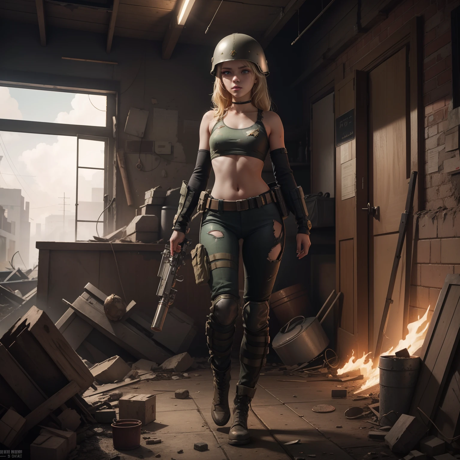 Destroyed towns,falls,Naked Ukrainian girl bathing , Ukrainian anime girls , , Ukraine ,  Full body composition of young girl with messy bright blonde hair, eye make up, ,  Soft lighting, Solo, Old torn dirty shabby futuristic military uniform, badges, Pose, Blotch color, Octane Render, Hyperrealistic intricate detail, Cinematic, 8K resolution, 70mm, Accent Lighting, Global Illumination, Full body portrait, clean detailed faces, intricate clothing, Cute face, flat chest, Slim waist, Slim legs, small hips,Wearing a thick steel combat suit,Wearing a combat helmet,Gatling gun in hand,