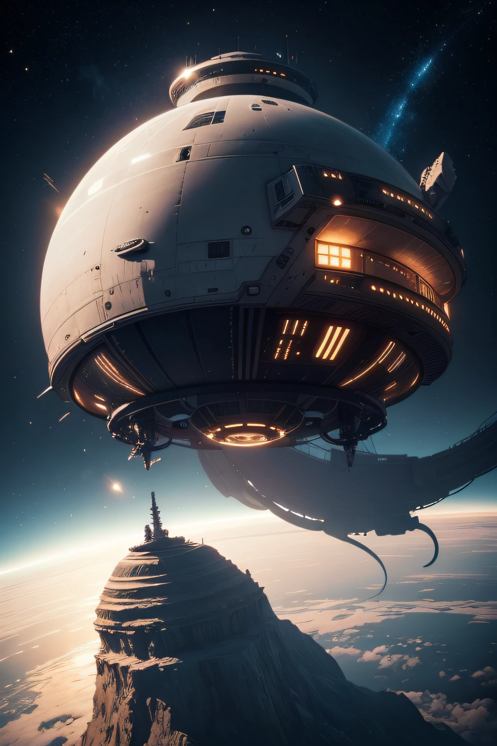 A beautiful alien warship full of detail without space flying over the rings of a planet