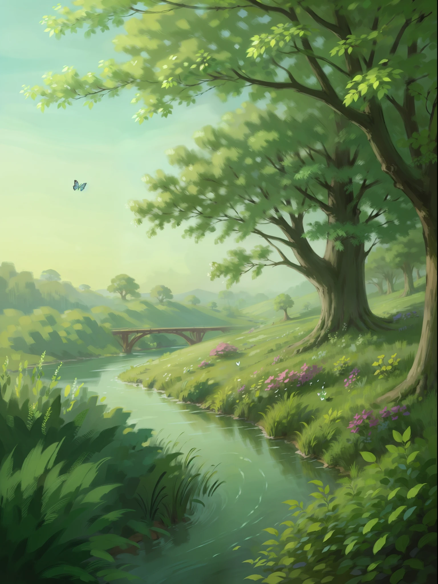 (best quality,4k,highres,masterpiece:1.2),ultra-detailed,realistic,long distance view,serene atmosphere,man-made tree houses,natural sunlight filtering through the leaves,tall and majestic trees,peaceful river running through the forest,wisps of magical mist,enchanted glow,greenery everywhere,ethereal and mystical,hidden pathways,elven inhabitants,delicate and intricate architecture,harmony between nature and man,minimalist color palette,soft and gentle hues,sunlight dappled on the forest floor,mystical creatures in the distance,whispering winds,magical energy in the air,tranquil and peaceful ambiance,seamlessly blending with nature,fairy lights hanging from trees,detailed foliage and leaves,rays of sunlight breaking through the trees,dreamlike and otherworldly,floating bridges connected to the tree houses,butterflies fluttering around,colorful flowers blooming,ancient and wise trees,quiet and secluded haven,serenity and tranquility,storybook-like setting.