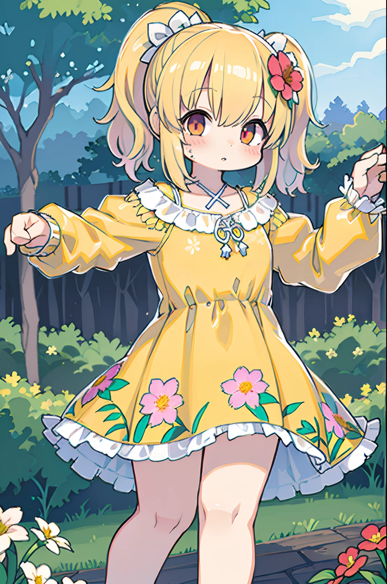 In a garden full of flowers, In daylight, girl in floral dress is dancing