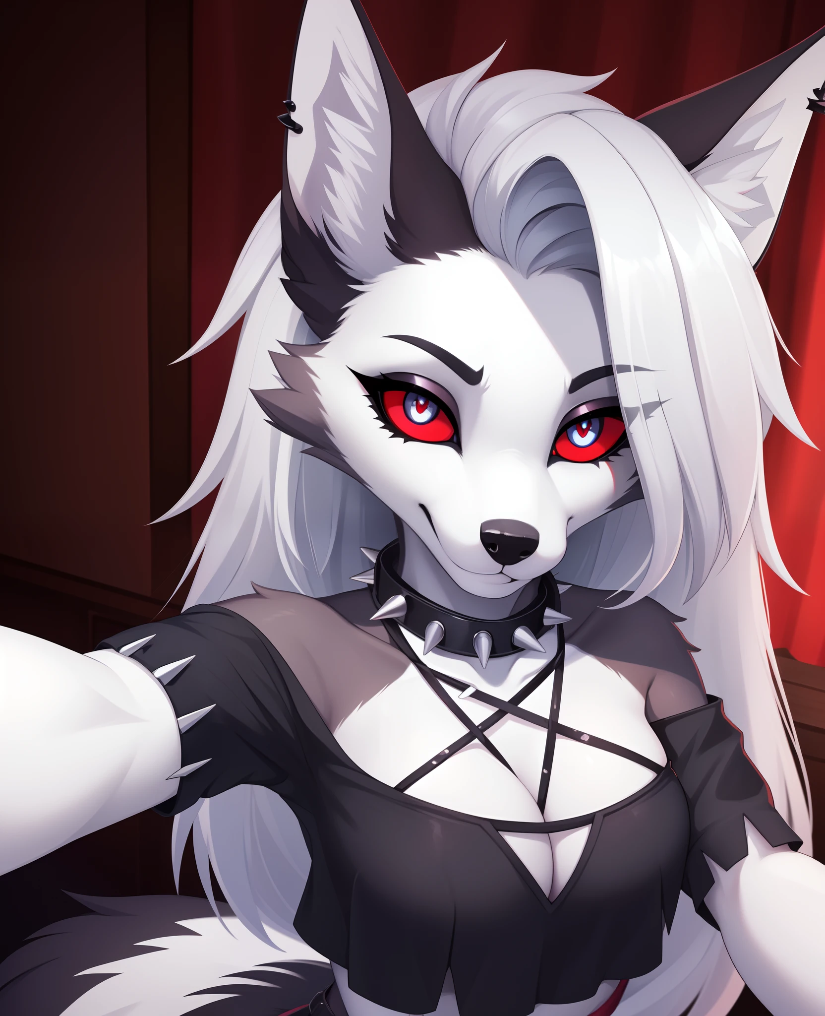 masterpiece, best quality, face portrait of a female anthro loona hellhound, loonacroptop, detailed face, (detailed eyes, slit pupils, white pupils:1.2), (red sclera), smile, [spiked collar, pentagram], (looking at viewer), selfie