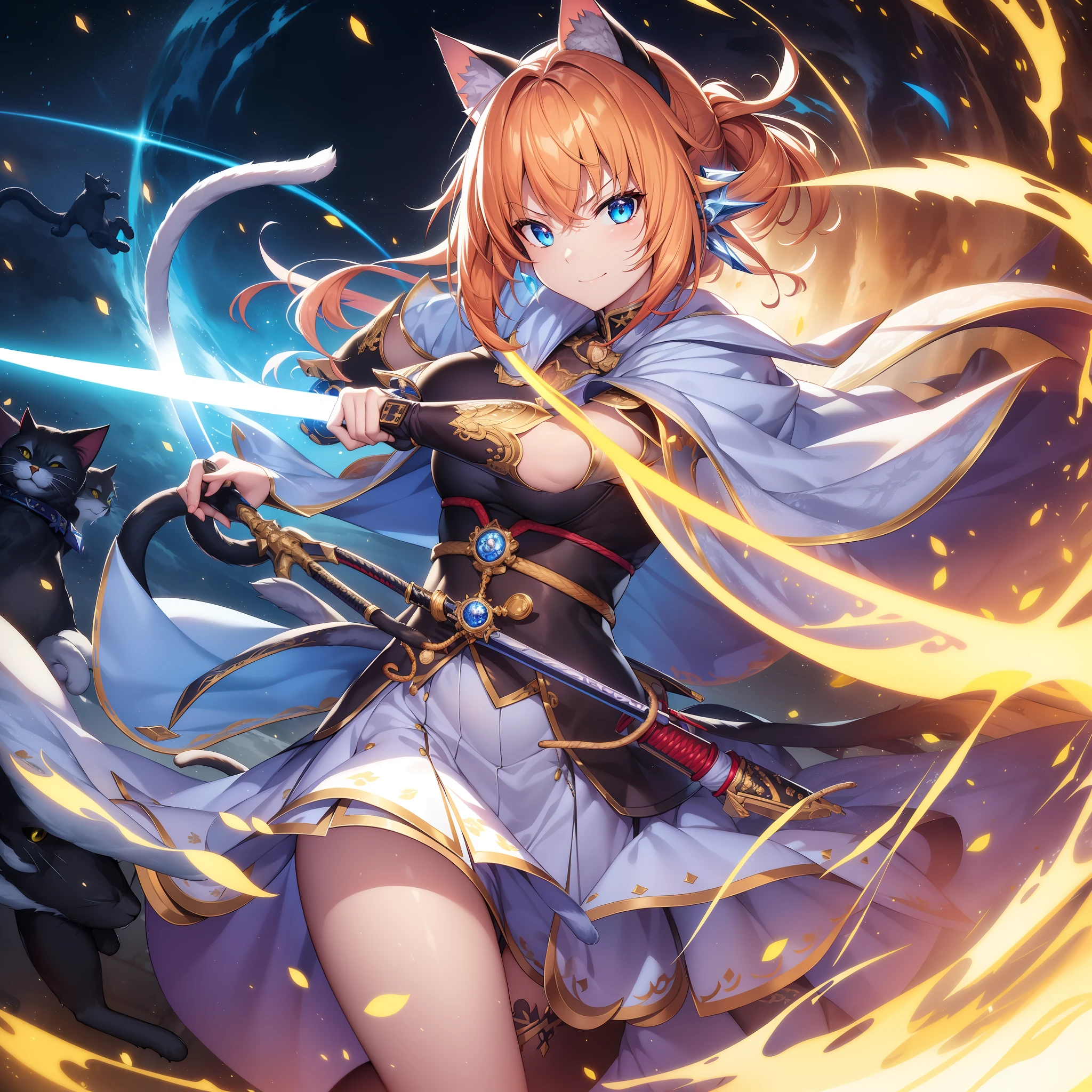 Imaginary,Face Focus, sanpaku, angry, Smile,smiling mischievously, A look that came up with a bad thing,(Cat's ears:1.4),Her hair is orange、Short hairstyle, ,Her skin is pale, Swirling rainbows and lights on complex background、It enveloped me like a serpent in an interstellar wind,holding samurai sword,dual-wielding,Unleash the Blade of Light,Breasts are a great cutting board,She smiles mischievously, She has a gun in the middle, Highest Quality, Carry a blue cloak with war maiden decorations,Raise the railgun, ((sanpaku))((Proud)), 8 Blue Light Sword,Blade of Light,Lens Flare, Big rainbow,The moon shines,Star chips, bloom, ((light glow)), chromatic abberation], Digital Painting, Insane details, Intricate details, Beautifully color graded, Unreal Engine, Cinematic , colour grading, Editorial Photography , Photography, Photo Shot, Shot on 70mm lens, depth of fields, degrees of freedom, Tilt Blur, Shutter Speed 1/1000, h/22