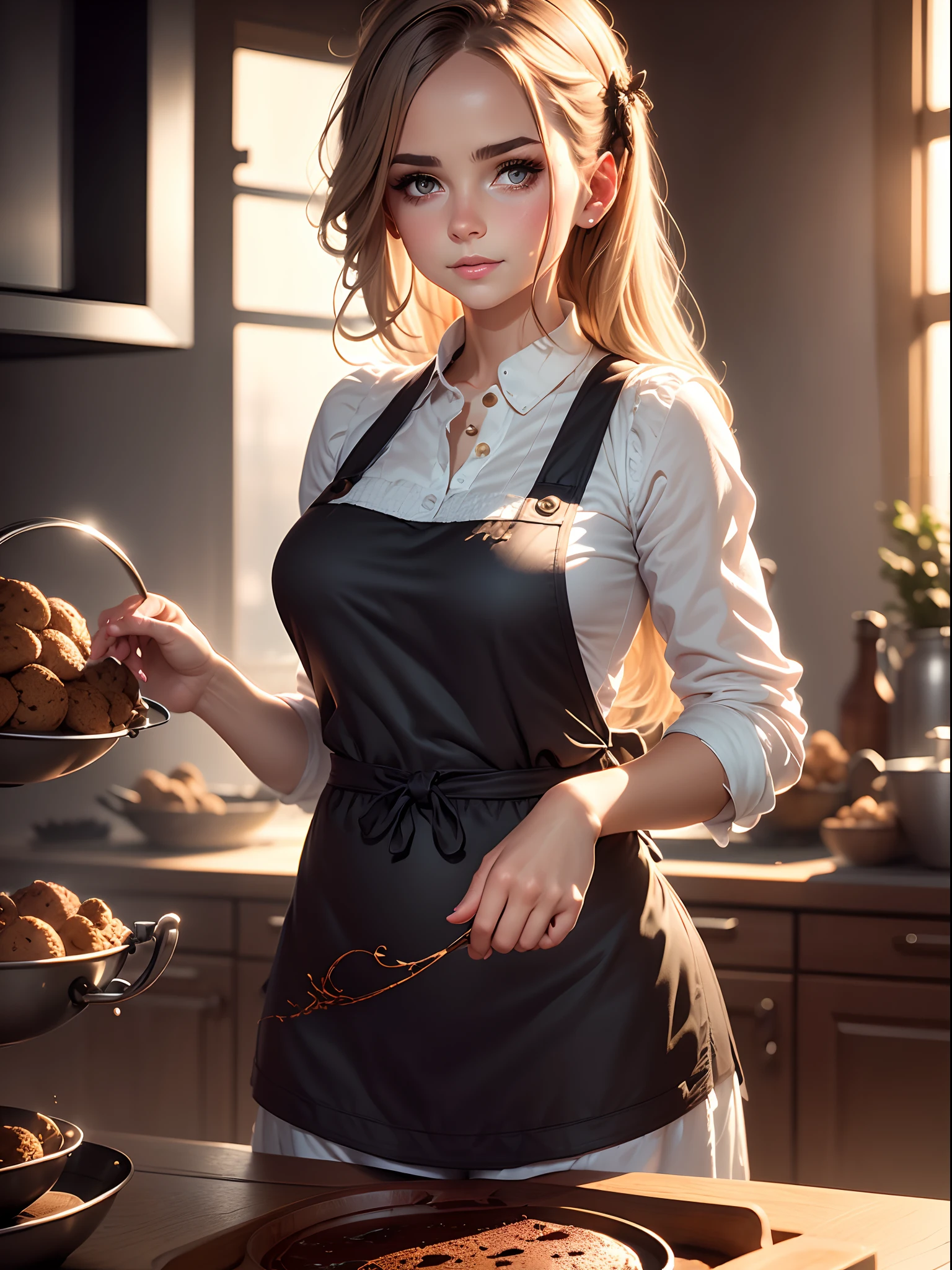 A girl wearing a beautiful dark apron, dark moody background, dark looks, baking a chocolate cookies, beautiful topping on cookies, dark light effects masterpiece collection award winning artwork, 8K rendered