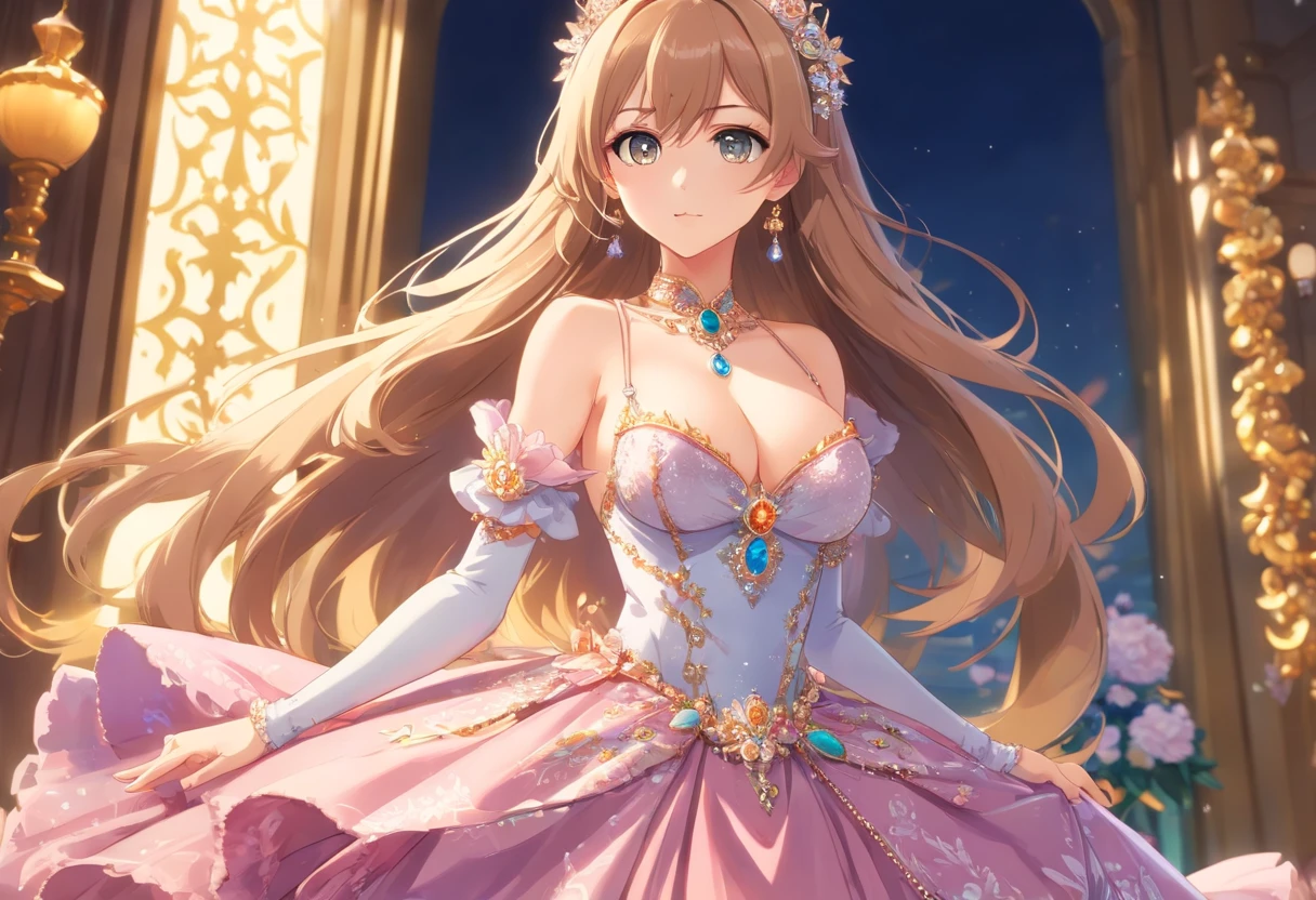 ((anime artstyle)),(Masterpiece),(Best Quality),(Super Detail),(Very Delicate and Beautiful),Solo,((full body,standing pose)),standing in the royal palace,((1 queen in jeweled gorgeous rococo ballgown with voluminous full length hoop skirt)),(crinoline),gorgeousfull embroidery,(gorgeous gemstone jewelry),(detailed face and eyes),jewel-like eyes,((large amount of straight hair,extremely Long voluminous Hair)),((gigantic tits,Long tits,skindentation)),gorgeousfull embroidery,cleavage,extremely gorgeousfull hair ornament,(bling-bling extremely gorgeousfull jeweled tiara),gorgeous corsage,(Dynamic Angle),Looking at viewer,((full body))