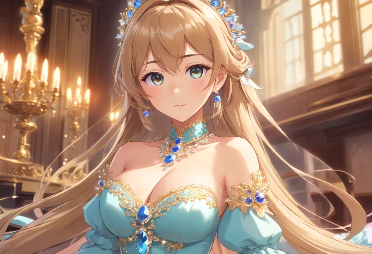 ((anime artstyle)),(Masterpiece),(Best Quality),(Super Detail),(Very Delicate and Beautiful),Solo,((full body,standing pose)),standing in the royal palace,((1 queen in jeweled gorgeous rococo ballgown with voluminous full length hoop skirt)),(crinoline),gorgeousfull embroidery,(gorgeous gemstone jewelry),(detailed face and eyes),jewel-like eyes,((large amount of straight hair,extremely Long voluminous Hair)),((gigantic tits,Long tits,skindentation)),gorgeousfull embroidery,cleavage,extremely gorgeousfull hair ornament,(bling-bling extremely gorgeousfull jeweled tiara),gorgeous corsage,(Dynamic Angle),Looking at viewer,((full body))
