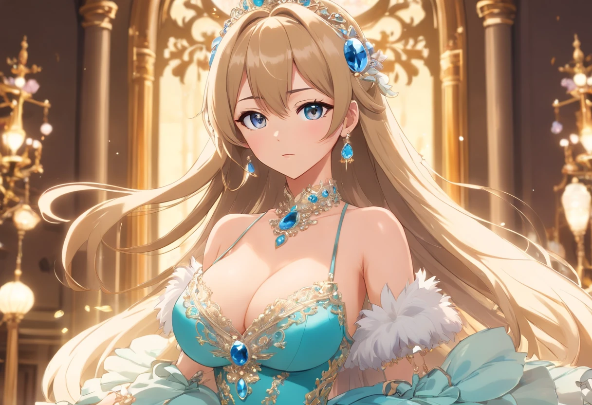 ((anime artstyle)),(Masterpiece),(Best Quality),(Super Detail),(Very Delicate and Beautiful),Solo,((full body,standing pose)),standing in the royal palace,((1 queen in jeweled gorgeous rococo ballgown with voluminous full length hoop skirt)),(crinoline),gorgeousfull embroidery,(gorgeous gemstone jewelry),(detailed face and eyes),jewel-like eyes,((large amount of straight hair,extremely Long voluminous Hair)),((gigantic tits,Long tits,skindentation)),gorgeousfull embroidery,cleavage,extremely gorgeousfull hair ornament,(bling-bling extremely gorgeousfull jeweled tiara),gorgeous corsage,(Dynamic Angle),Looking at viewer,((full body))