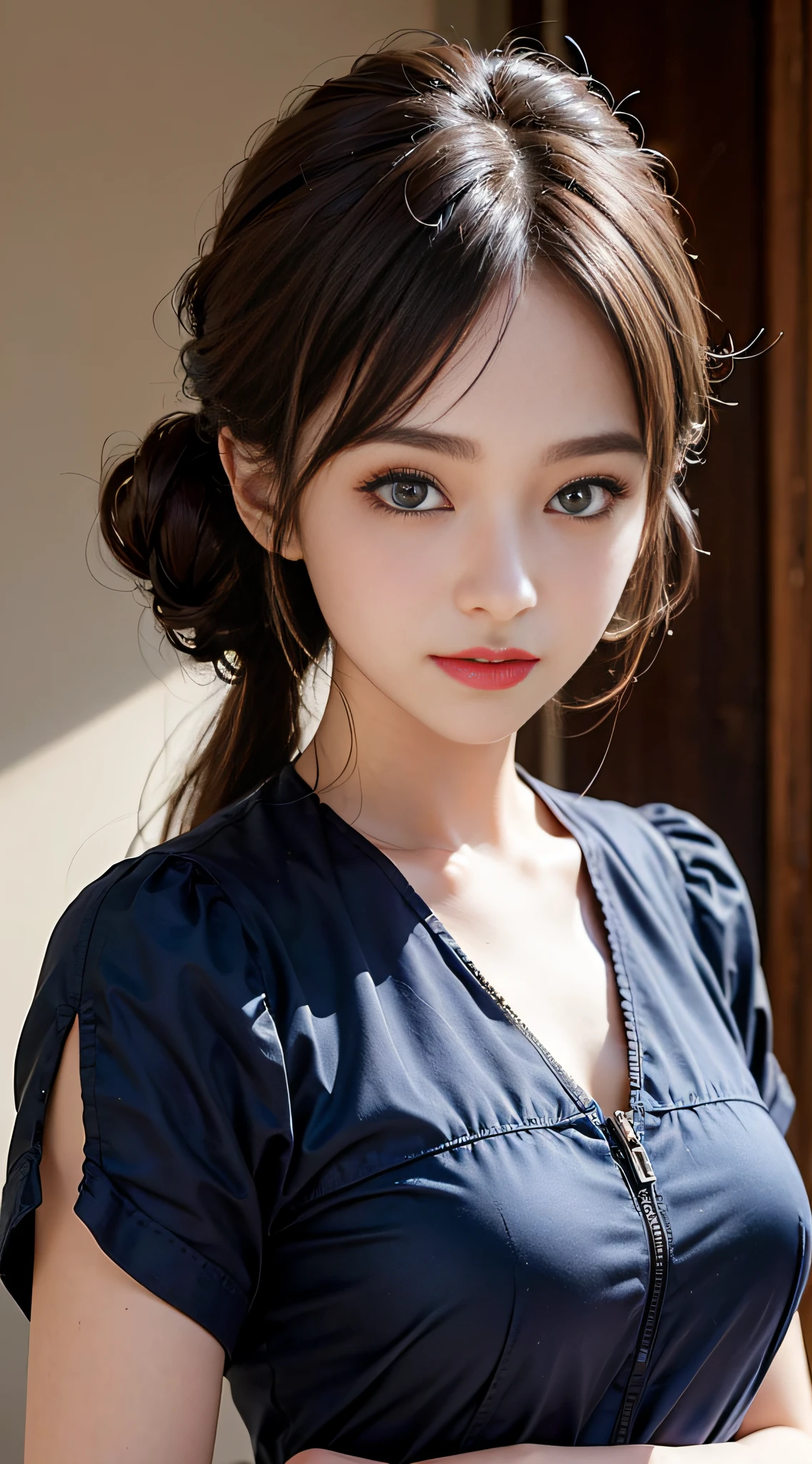 ((​masterpiece:1.4)、(top-quality:1.4)、(reallistic:1.7))、masuter piece:1.4、Kawaii Girl、Portrait photo of a girl、Close-up photos、Upper body photography、beautiful countenance、kawaii faces、A detailed eye、Draw the eyes clearly, Beautiful and attractive eyes、beautidful eyes、Narrow waist、poneyTail、Raw photo、red-lips、1 screen display、