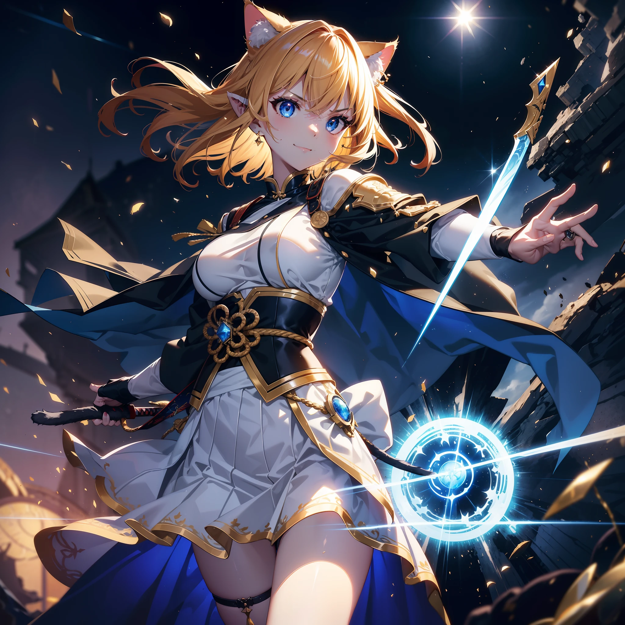 Imaginary,Face Focus, sanpaku, angry, Smile,smiling mischievously, A look that came up with a bad thing,(Cat's ears:1.4),Her hair is orange、Short hairstyle, ,Her skin is pale, Swirling rainbows and lights on complex background、It enveloped me like a serpent in an interstellar wind,holding samurai sword,dual-wielding,Unleash the Blade of Light,Breasts are a great cutting board,She smiles mischievously, She has a gun in the middle, Highest Quality, Carry a blue cloak with war maiden decorations,Raise the railgun, ((sanpaku))((Proud)), 8 Blue Light Sword,Blade of Light,Lens Flare, Big rainbow,The moon shines,Star chips, bloom, ((light glow)), chromatic abberation], Digital Painting, Insane details, Intricate details, Beautifully color graded, Unreal Engine, Cinematic , colour grading, Editorial Photography , Photography, Photo Shot, Shot on 70mm lens, depth of fields, degrees of freedom, Tilt Blur, Shutter Speed 1/1000, h/22