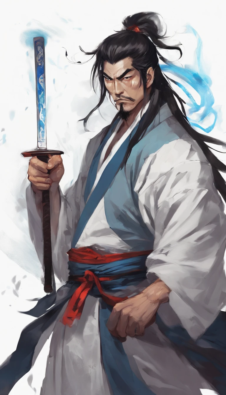 middle aged man, Evil painting style, A high resolution, Black color hair, Half is the body of a demon，Half a demon face, Chinese Warrior, Delicate three-dimensional blue flame demon face, sbeard, Wearing a hat, Expression of anger, Perfect body proportions, kaftan, Black and white robes, A scabbard hangs from his waist, Handsome, Full body view, standing on your feet, （White background：1.3）, swordsman, He held a long knife that was wide and heavy in his hand。。。。。。。。。。。。, Face the lens, （Blackn clothes：0.8）, High detail, Masterpiece, ccurate, Anatomically correct, Textured skin