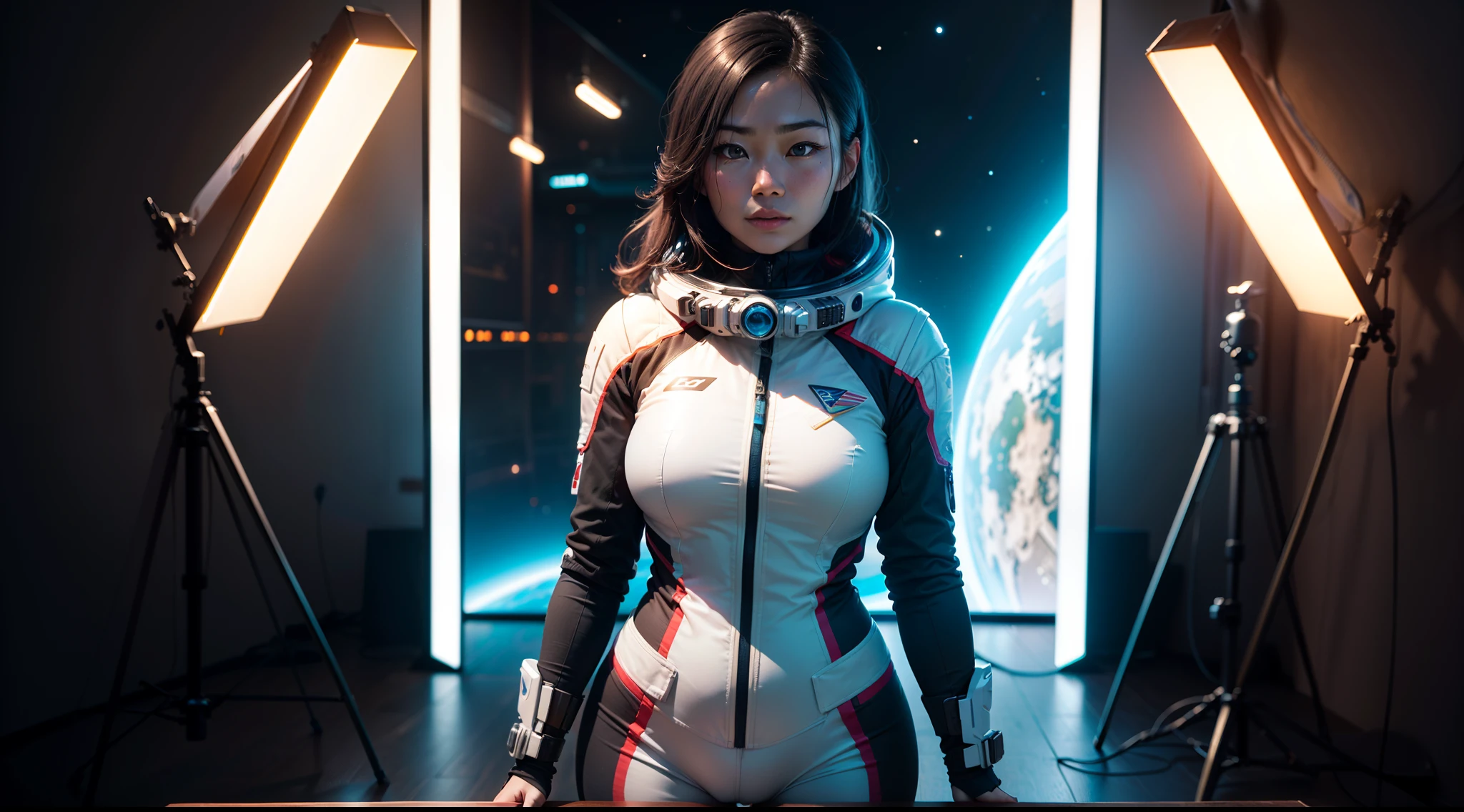 (best quality,4k,8k,highres,masterpiece:1.2), ultra-detailed, realistic:1.37, one standing asian woman space cadet looking at the camera, detailed face, mid shot, light blue suit, sci-fi, vibrant colors, studio lighting, with no background, full head