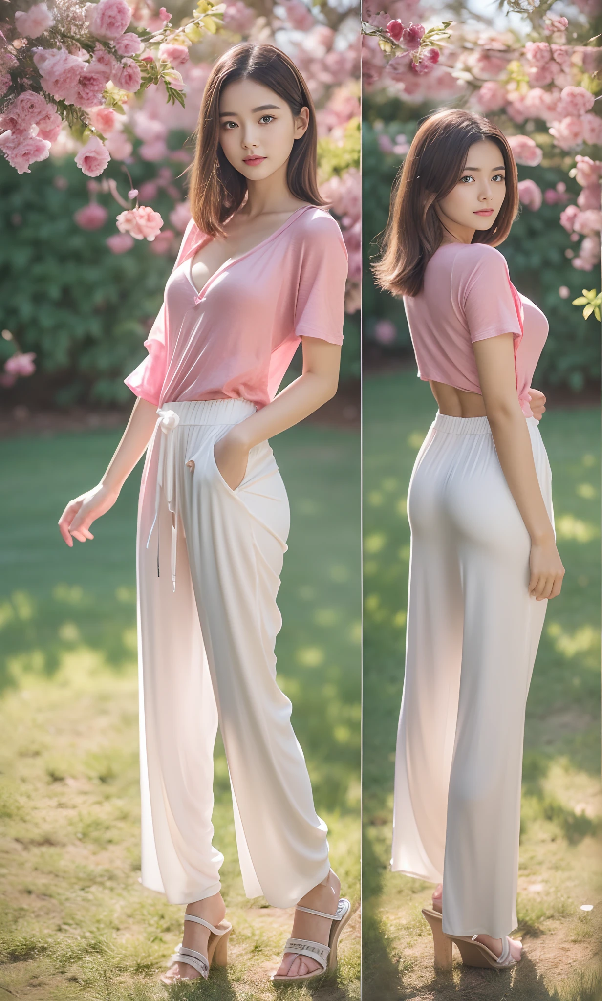 1 beautiful woman taking pictures on the grass of the villa,RAW photos,tmasterpiece,(highdetailskin:1.5),hyper HD,digital SLR camera,gentlesoftlighting,high high quality,filmgrain,富士XT3,20 years old Asian woman,Wear simple clothes,T-shirt and white loose slacks(((white wide-leg pants,cargo pants,casual pants,white and transparent:1.5))),Detailed clothing details:1.5,perfect body figure,gigantic cleavage breasts,Perfect breasts and nipple bulge,Camel toes are pronounced,Legs moisturize evenly,White tender toes,Branded stylish stiletto sandals:0.6,Super detailed facial details and skin,Fair pink face and skin,The skin is pink,with light glowing,二重まぶた,Super detailed eyes,(Gloss on lips, eyeslashes, Glossy face, Best quality, Super high resolution, warm color,Wide lighting, naturalshadow),on the floor on all fours, Sexy ,Focus on the buttocks,shot from rear,Look at the camera, Full body shooting: 1.8