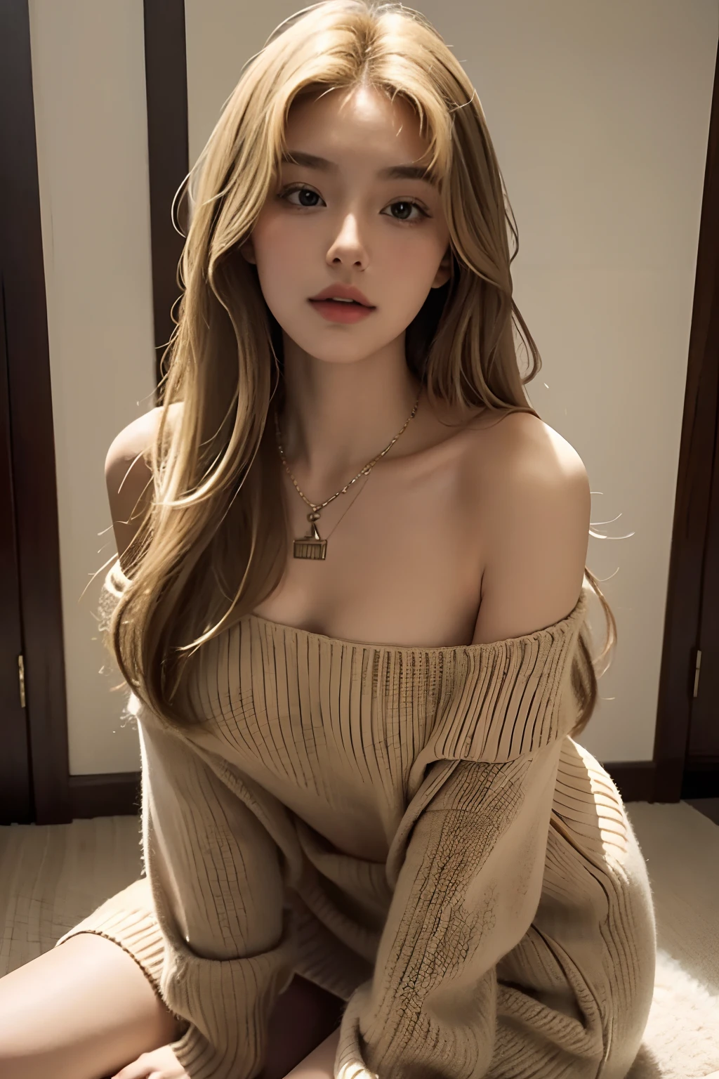 1Girl 25 years old, soli, Long hair, midsize , looking down at viewer, blond hair, bare shoulders, brown eyes, jewellery, full entire body, 项链, off shoulders, pullover, lips, realisti, nose, flirting with the camera