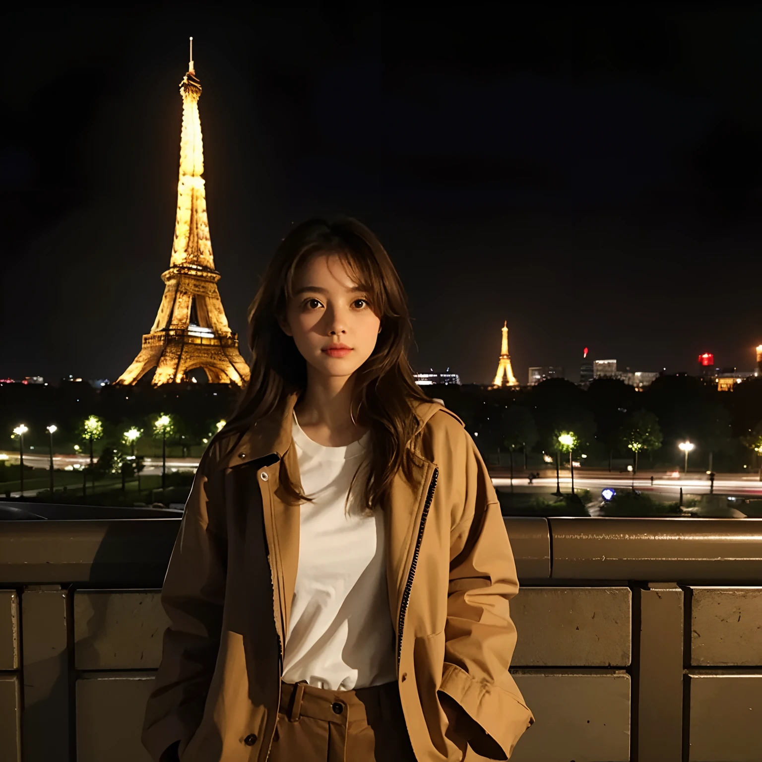 A girl, white shirt, brown jacket, brown pants, brown hair, looking at city at night, Eiffel Tower