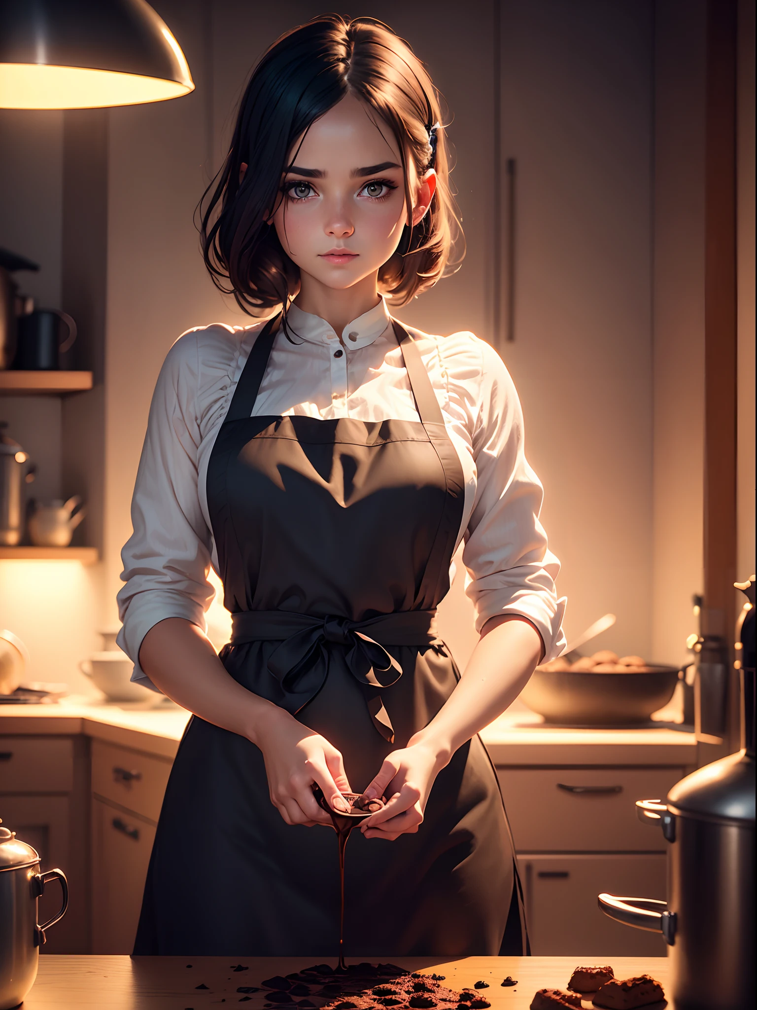 A girl wearing a beautiful dark apron, dark moody background, dark looks, baking a chocolate cookies, beautiful topping on cookies, dark light effects masterpiece collection award winning artwork, 8K rendered