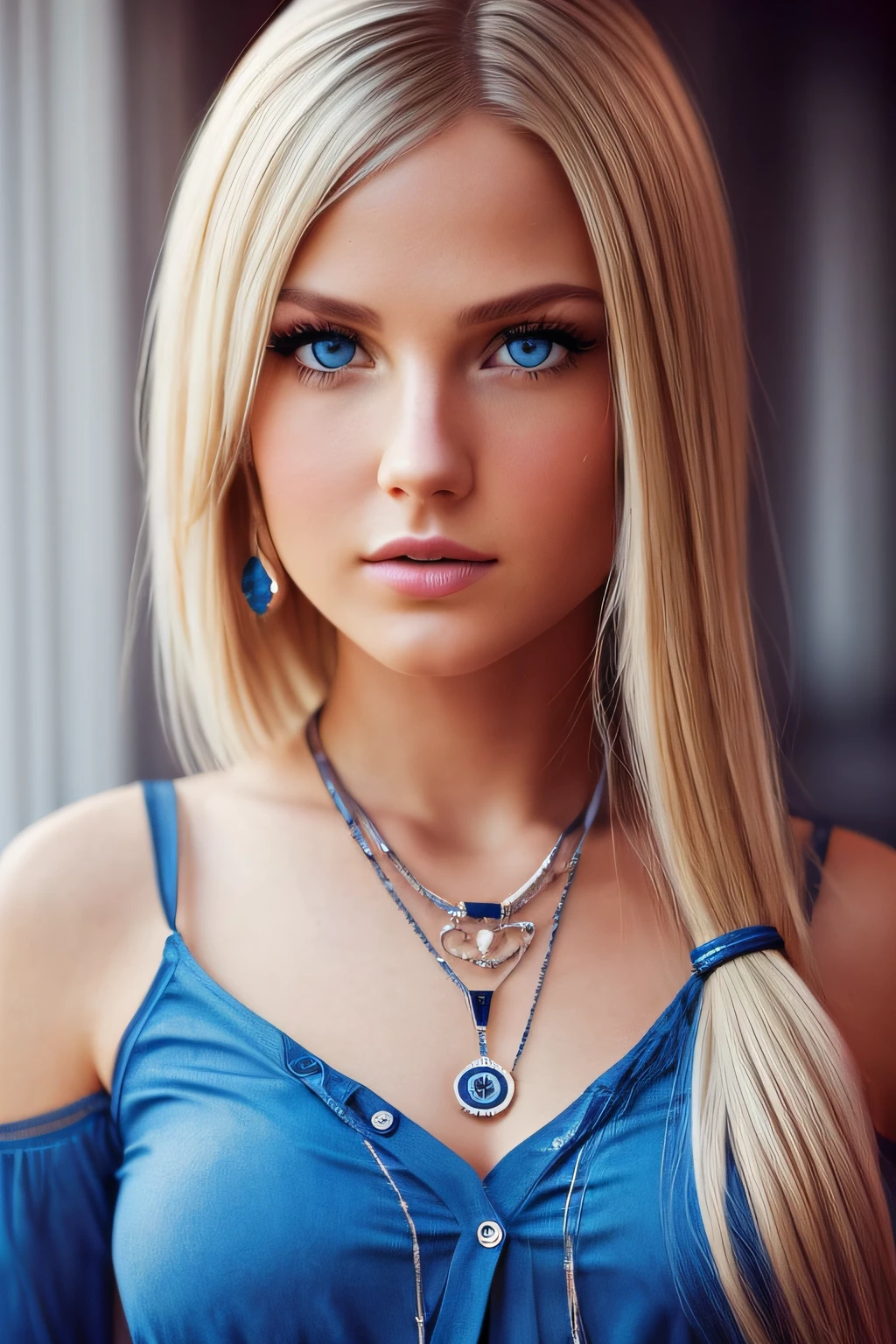 Slender, young, short blonde hair, blue eyes, in town, natural skin texture, 24mm, 4K textures, soft cinematic light, RAW photography, photorealistic, photorealistic, complex, elegant, highly detailed, sharp focus, (((cinematic look))), calm Tone, Insane Detail, Complex Detail, Ultra Detail, High Contrast, Soft Cinematic Light, Dim Colors, Exposure Blending, HDR, Faded, Cold, Waist Thin, Well-Proportioned, (8k, 4k, Top Quality, Hi-Res: 1.1), (Realistic, Photorealistic: 1.1), Girl 1 People, Solo, Twin Tails, Blonde Hair, Bangs, Long Hair, Necklace, Earrings, Lips, Eye Shadow, Jewelry, (Viewer Looking For: 1.8), Spaghetti Straps, Detail, High Contrast, from_side, srfc, stunning complex full color, wearing business clothes, full body, spectacular character composition, sharp focus, natural light, sub-surface scatter, f2, 35mm, film grain, office room with desk