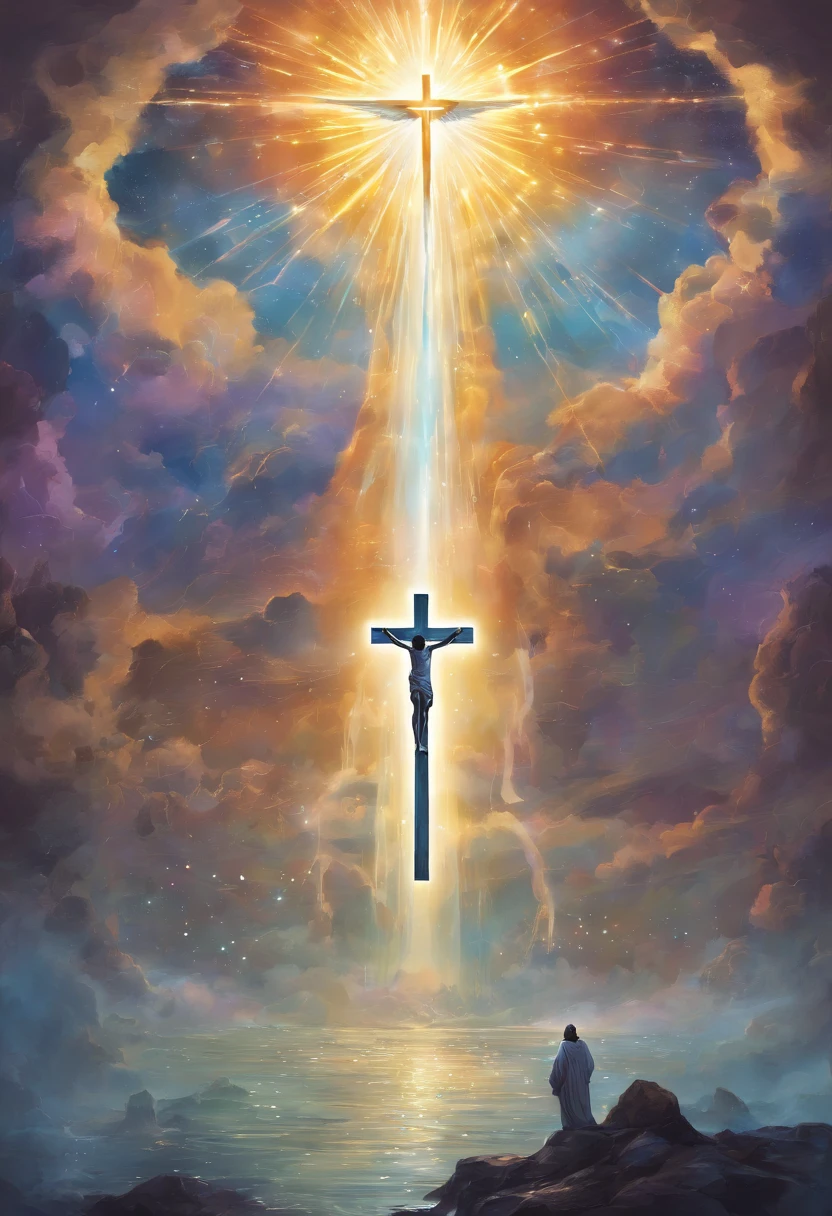 "Generate an AI-crafted image that encapsulates the message of John 3:16. Envision a world illuminated by divine love, with radiant beams of light piercing through the darkness. In the center of this awe-inspiring scene, depict a cross, symbolizing the sacrifice of God's only Son. Surround the cross with a diverse and united group of people from all walks of life, representing the inclusivity of God's love. The image should convey a profound sense of redemption, grace, and the promise of everlasting life."