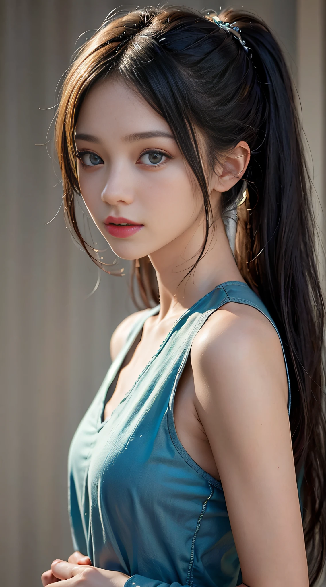 ((​masterpiece:1.4)、(top-quality:1.4)、(reallistic:1.7))、masuter piece:1.4、Kawaii Girl、Portrait photo of a girl、Close-up photos、Upper body photography、beautiful countenance、kawaii faces、A detailed eye、Draw the eyes clearly, Beautiful and attractive eyes、beautidful eyes、Narrow waist、poneyTail、Raw photo、red-lips、1 screen display、