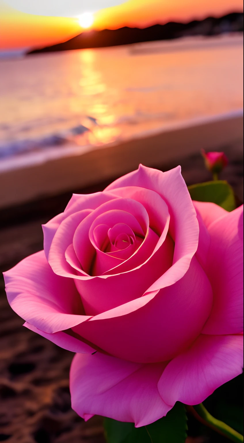 Close-up shot, a rose flower, the background is the gorgeous sunset by the sea, real texture, warm