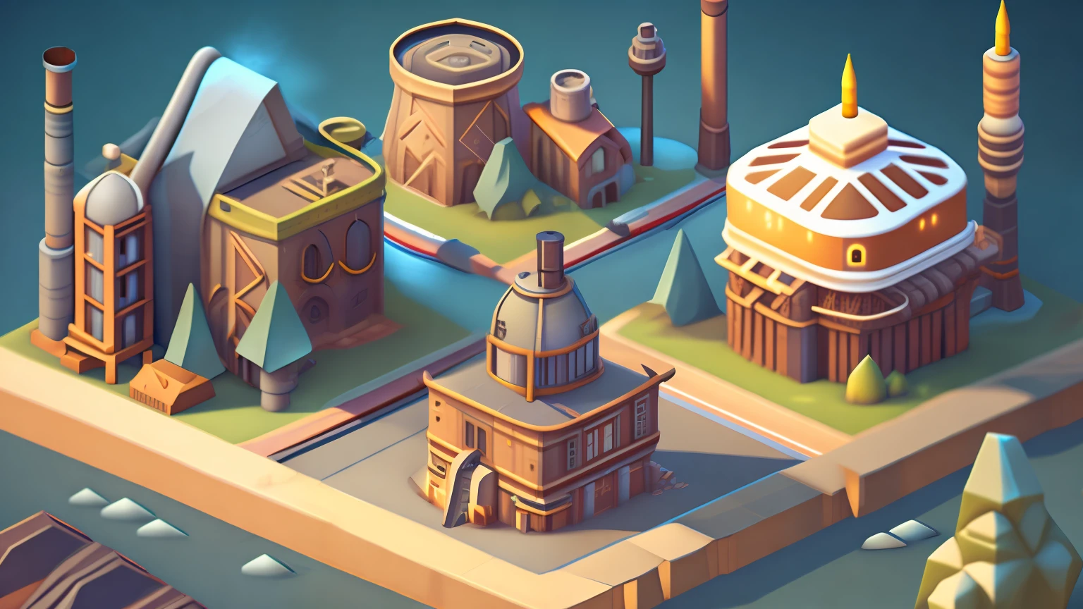 An epic RPG-style scene with isometric views showing a cartoon world full of industrial and steam elements, factory themes, ((steam), (industrial), (concrete and steel), as if straight out of a beloved RPG, mobile game or fantasy novel. Ultra Detail, Best Quality, Best Shadows, 4K,