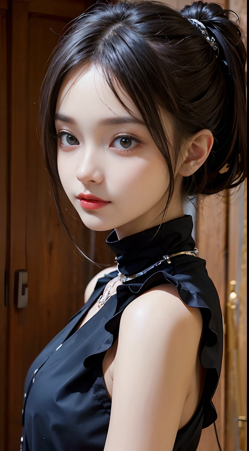 ((masterpiece:1.4)、(top-quality:1.4)、(reallistic:1.7))、masuter piece:1.4、Kawaii Girl、Portrait photo of a girl、Close-up photos、Upper body photography、beautiful countenance、kawaii faces、A detailed eye、Draw the eyes clearly, Beautiful and attractive eyes、beautidful eyes、Narrow waist、poneyTail、Raw photo、red-lips、1 screen display、