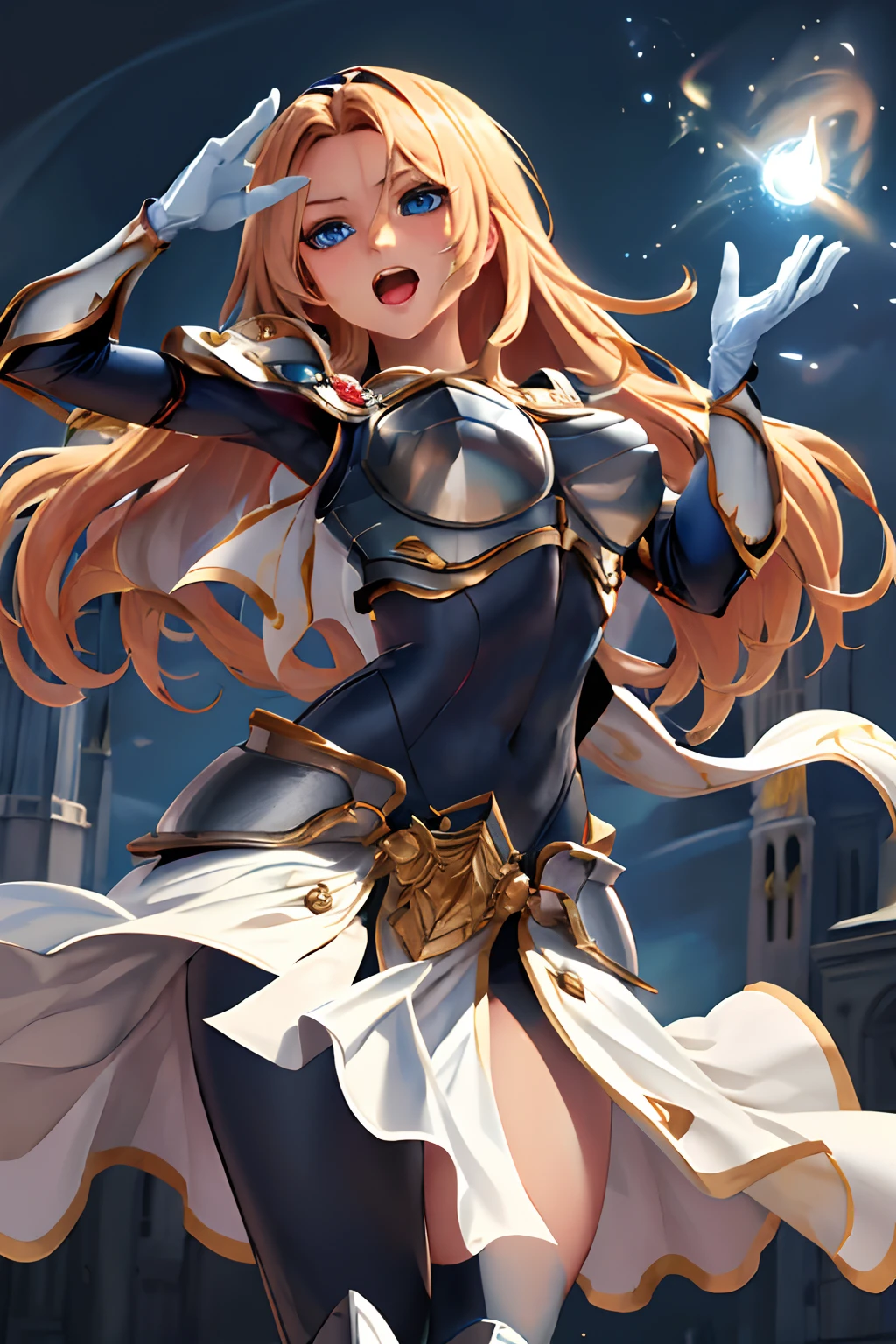 masterpiece, best quality, highres, lux1, long hair, 1girl, solo, armor, breastplate, bodysuit, gloves, white gloves, boobplate, magic, spell, open mouth,