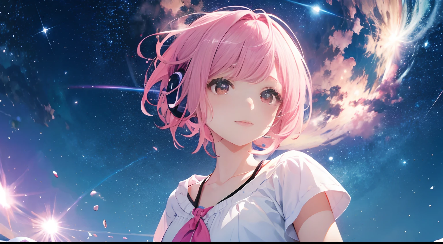 masterpiece、top-quality、Movie stills、1girl in、Starry sky scenery、pink shorth hair、headphones、kawaii、with light glowing、Happiness、Wide starry sky、short hair、Clean clothes