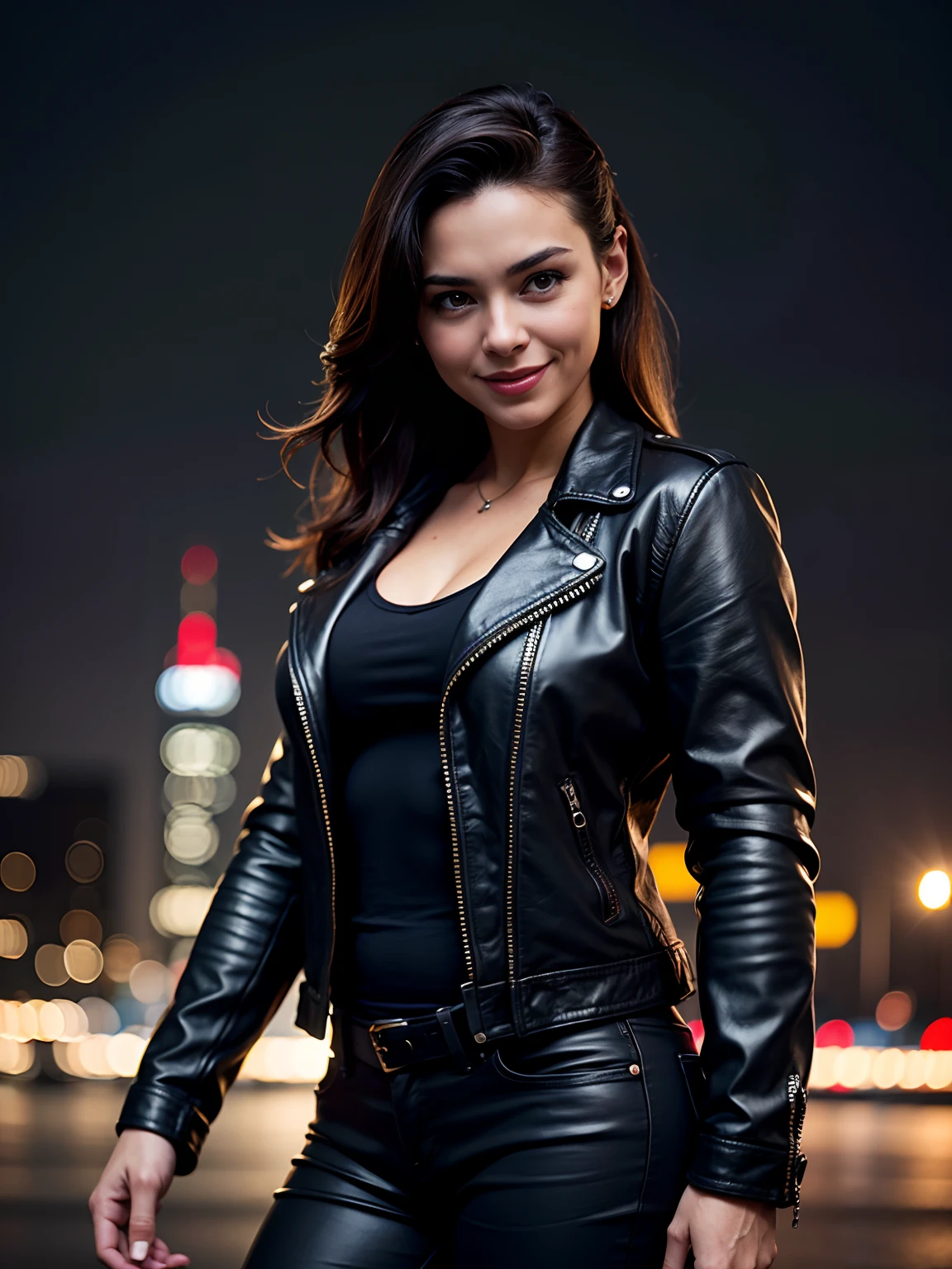 Girl in leather jacket, night time, urban landscape,city lights,upper-body,a closeup of a,Smile,, (8K, RAW photo, Best Quality, Masterpiece:1.2),(Realistic, photo-realistic:1.37),