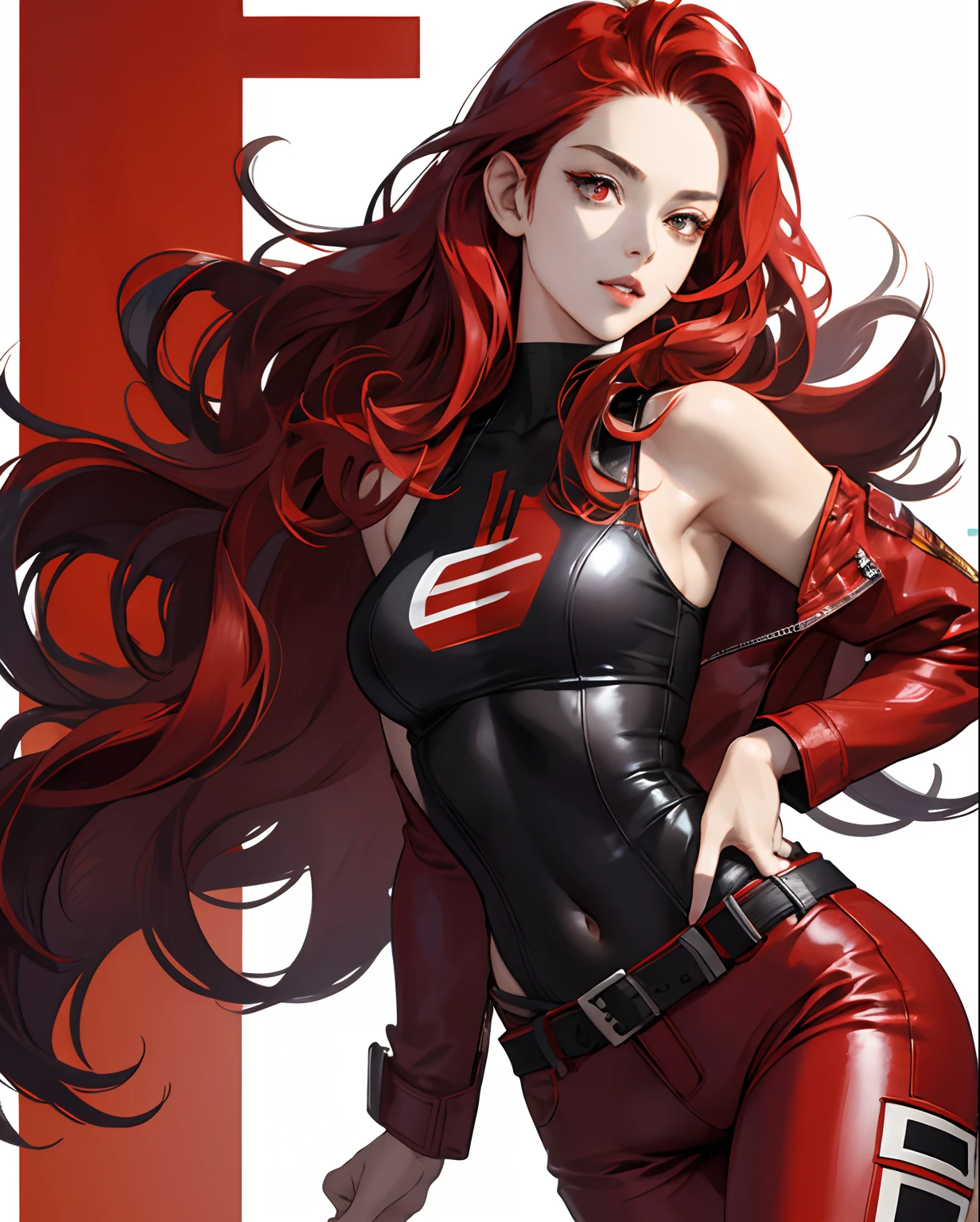 a cool，20th generation female，long red wavy hair，Wearing a long red leather coat，Leather Tight Pants，a belt，Navel Ejection，Tank Tops，glareing，With keen eyes，Realistic illustration girl、独奏、Parted lips、see the beholder、realisitic、racer，full face helmet，20-year-old beauty，a cool，red eyes，length hair，waved hair，Forehead，Red and black and white racing suit，circuit，Racing car on background