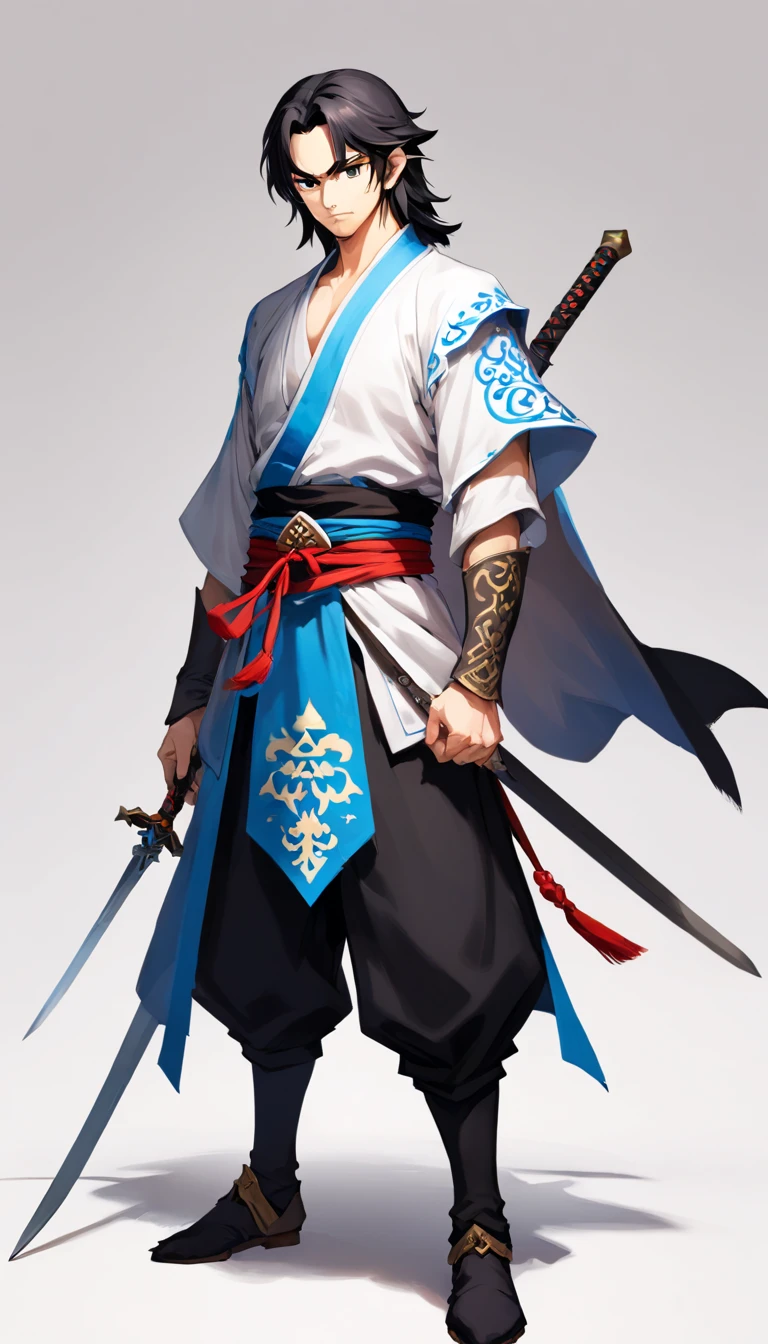 middle aged man, Evil painting style, A high resolution, Black color hair, Half is the body of a demon，Half a demon face, Chinese Warrior, Delicate three-dimensional blue flame demon face, sbeard, Wearing a hat, Expression of anger, Perfect body proportions, kaftan, Black and white robes, A scabbard hangs from his waist, Handsome, Full body view, standing on your feet, （White background：1.3）, swordsman, He held a long knife that was wide and heavy in his hand。。。。。。。。。。。。, Face the lens, （Blackn clothes：0.8）, High detail, Masterpiece, ccurate, Anatomically correct, Textured skin