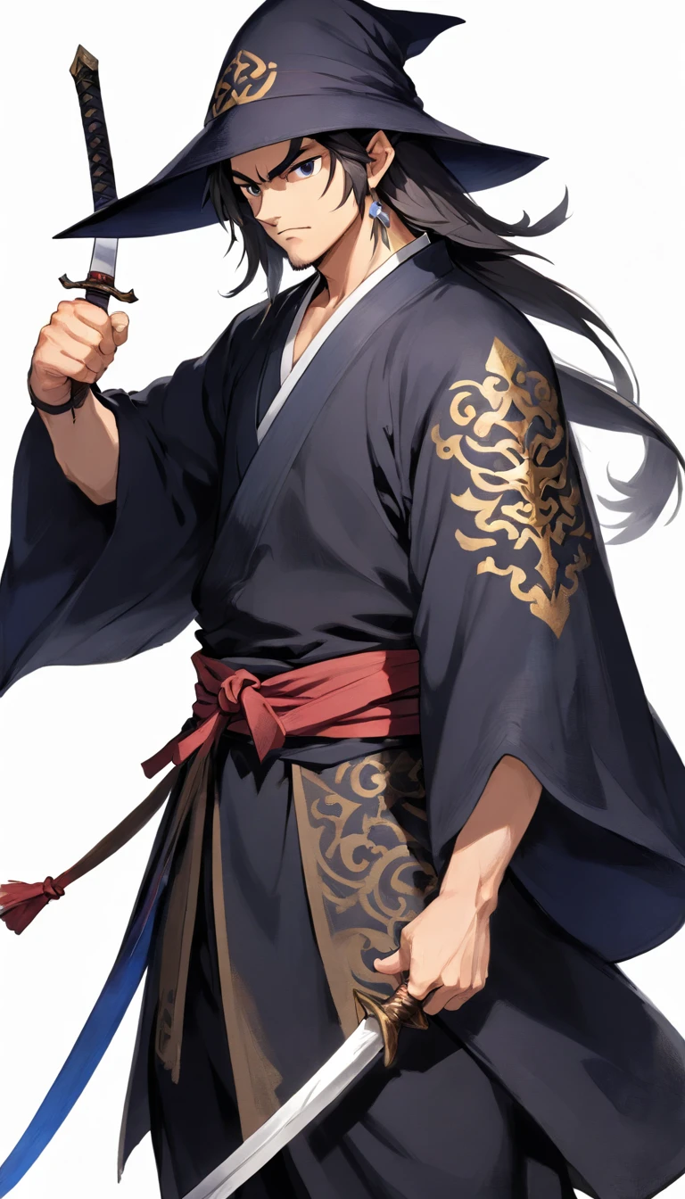 middle aged man, Evil painting style, A high resolution, Black color hair, Half is the body of a demon,Half a demon face, Chinese Warrior, Delicate three-dimensional blue flame demon face, sbeard, Wearing a hat, Expression of anger, Perfect body proportions, kaftan, Black and white robes, A scabbard hangs from his waist, Handsome, Full body view, standing on your feet, (White background:1.3), swordsman, He held a long knife that was wide and heavy in his hand。。。。。。。。。。。。, Face the lens, (Blackn clothes:0.8), High detail, Masterpiece, ccurate, Anatomically correct, Textured skin