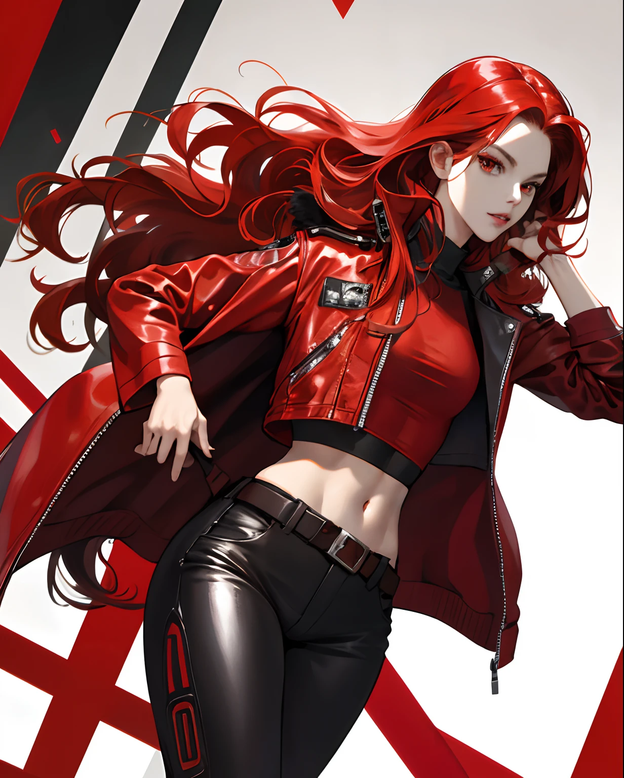 A close up of a woman in a red jacket and black pants - SeaArt AI