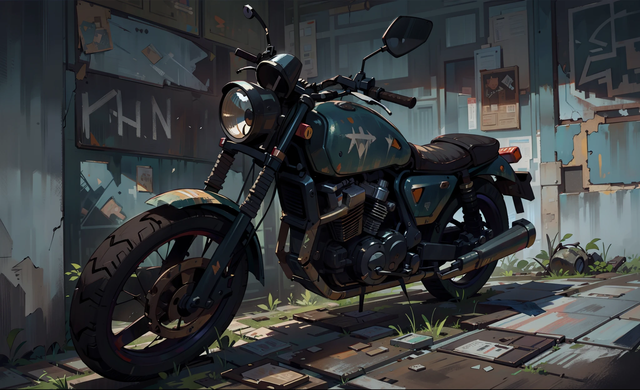 An ultra-detailed, realistic prompt of a black motorcycle in an abandoned place:
(black motorcycle),(abandoned place),ruined buildings,dusty atmosphere,decay,graffiti-covered walls,rusted metal,overgrown vegetation,vibrant sunlight streaming through broken windows,dilapidated streets,dark shadows,urban exploration,post-apocalyptic,moody ambiance,contrast,desolation,loneliness.