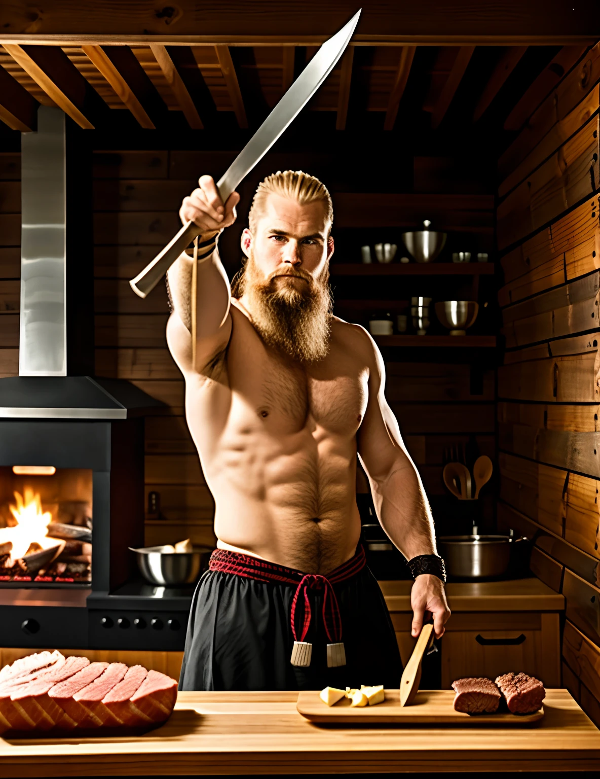 a viking man  preparing meat on a cutting board, viking style, norwegian man, technoviking male with no shirt, viking culture, norse warrior, germanic, portrait of a viking, viking warrior, with axe, norse god, viking beard, viking berserker, wearing viking clothes, viking king, picture of an adult male warrior, with an axe