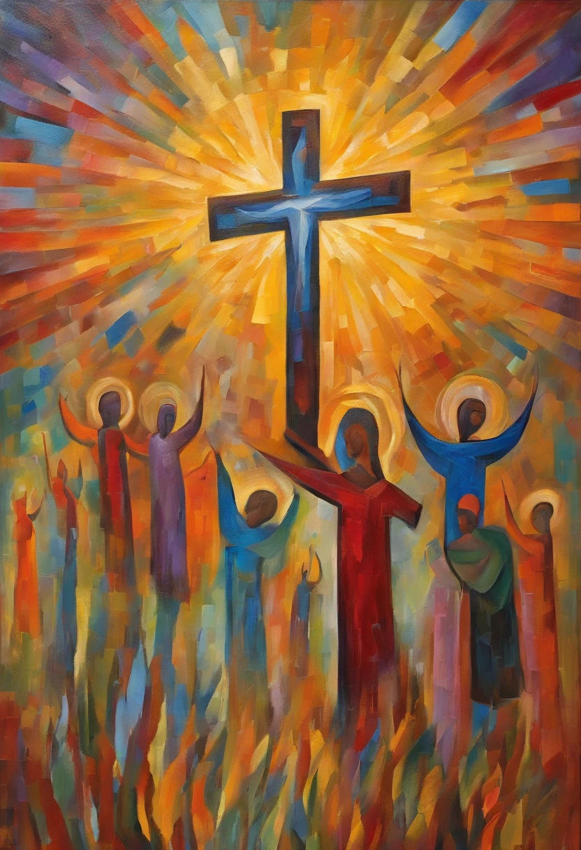 "Generate an AI-crafted image that encapsulates the message of John 3:16. Envision a world illuminated by divine love, with radiant beams of light piercing through the darkness. In the center of this awe-inspiring scene, depict a cross, symbolizing the sacrifice of God's only Son. Surround the cross with a diverse and united group of people from all walks of life, representing the inclusivity of God's love. The image should convey a profound sense of redemption, grace, and the promise of everlasting life."